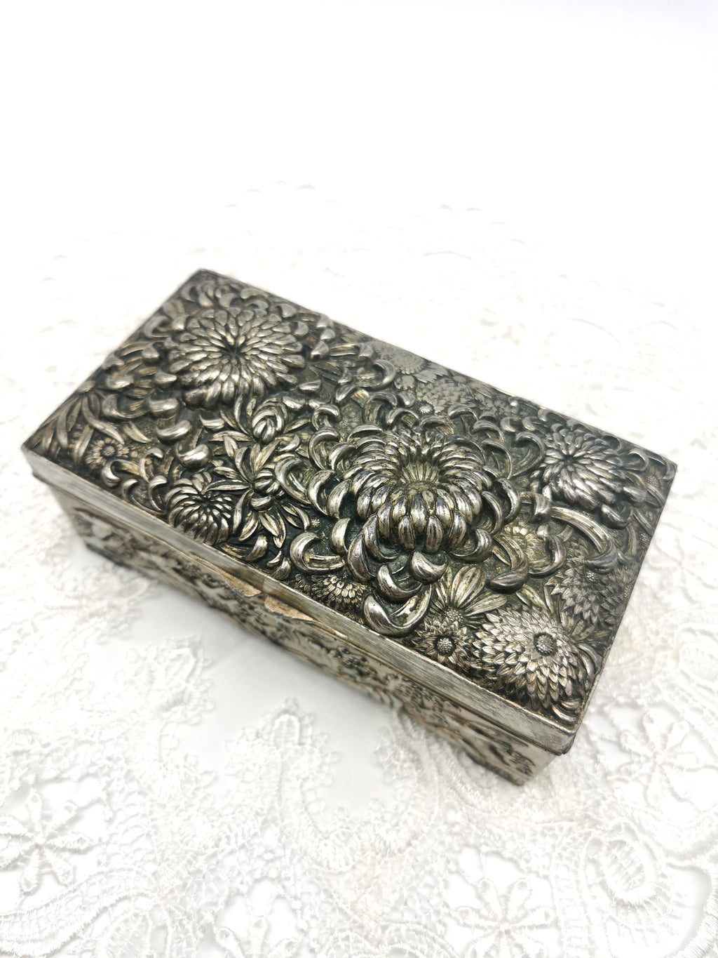Antique Japanese Antimony Repousse Jewellery Box- Chrysanthemums and Birds-New Lining