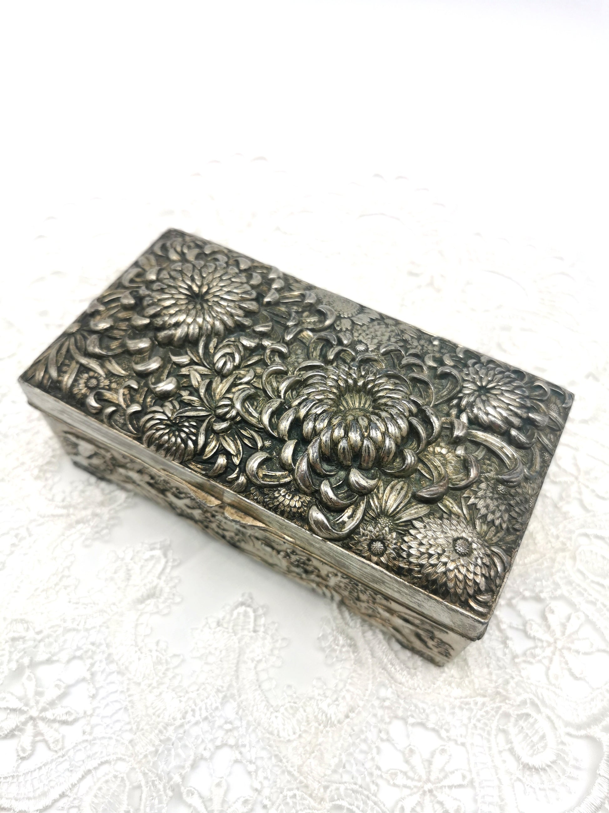 Antique Japanese Antimony Repousse Jewellery Box- Chrysanthemums and Birds-New Lining
