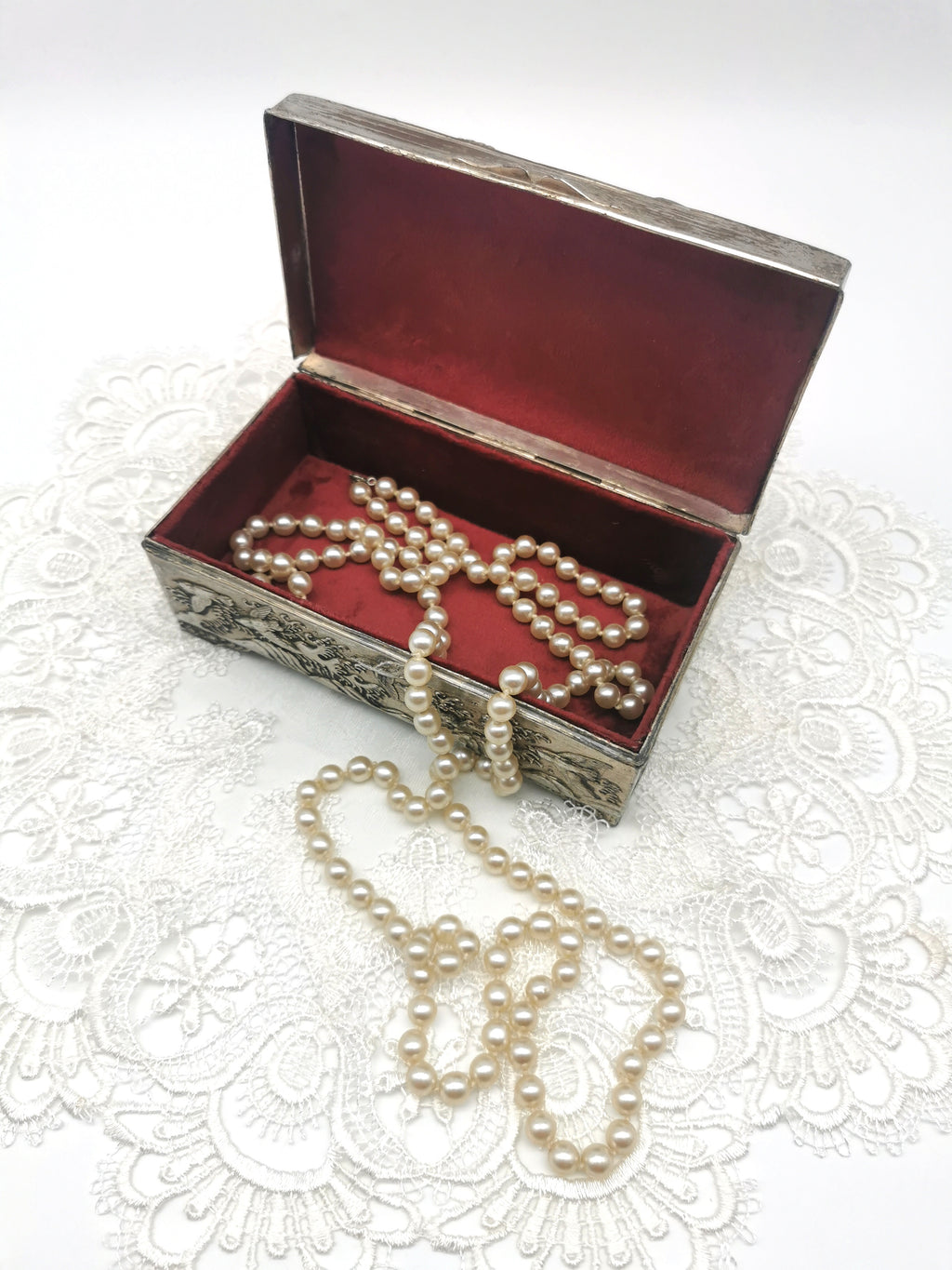 Antique Japanese Antimony Repousse Jewellery Box- Chrysanthemums and Birds-New Lining