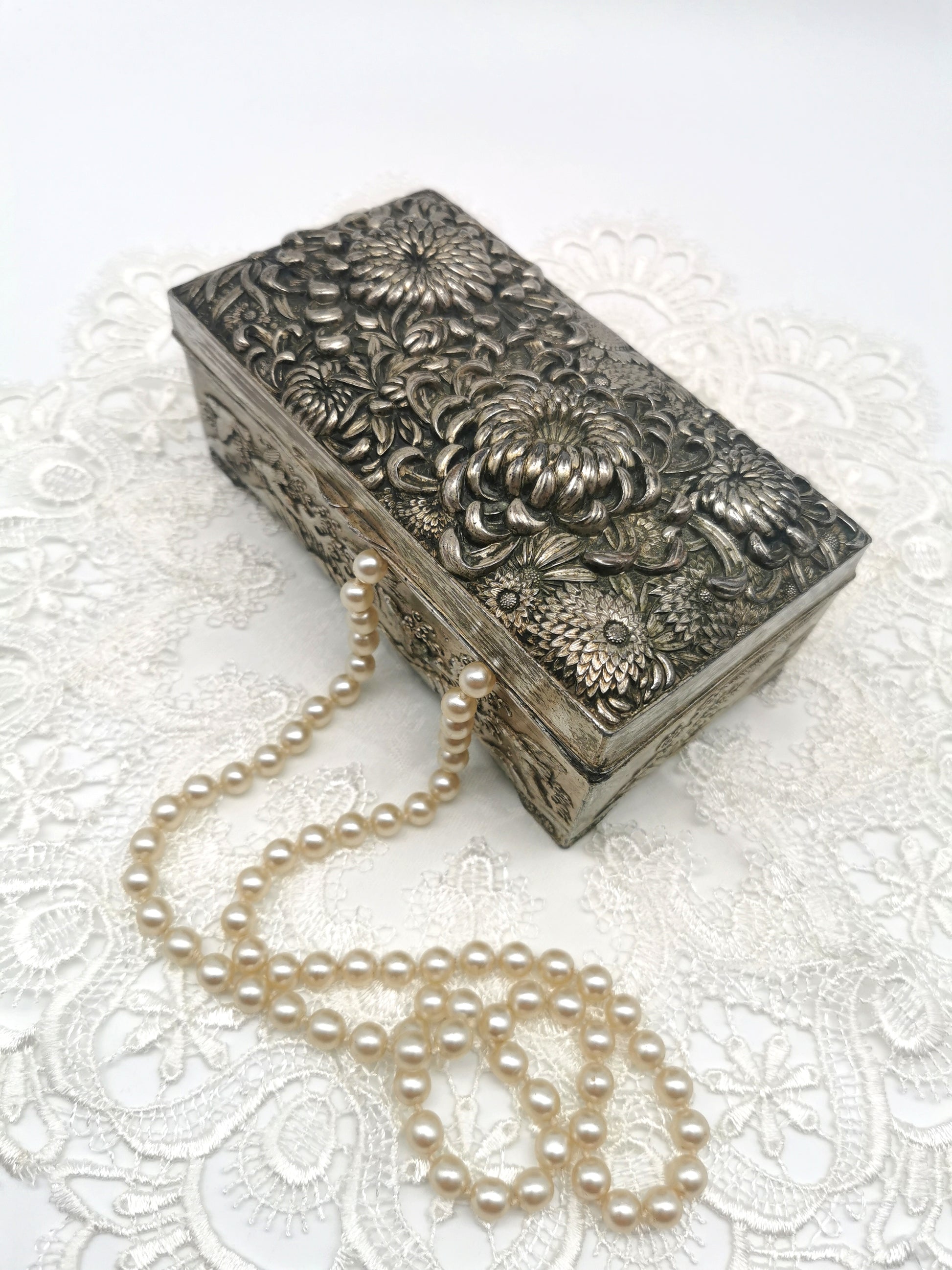Antique Japanese Antimony Repousse Jewellery Box- Chrysanthemums and Birds-New Lining