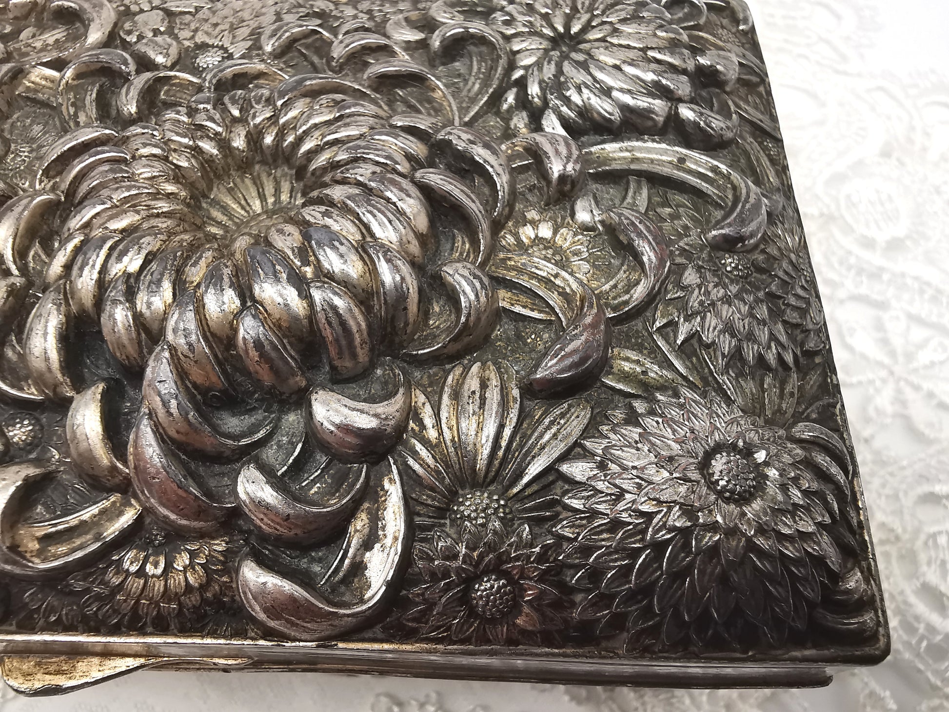 Antique Japanese Antimony Repousse Jewellery Box- Chrysanthemums and Birds-New Lining