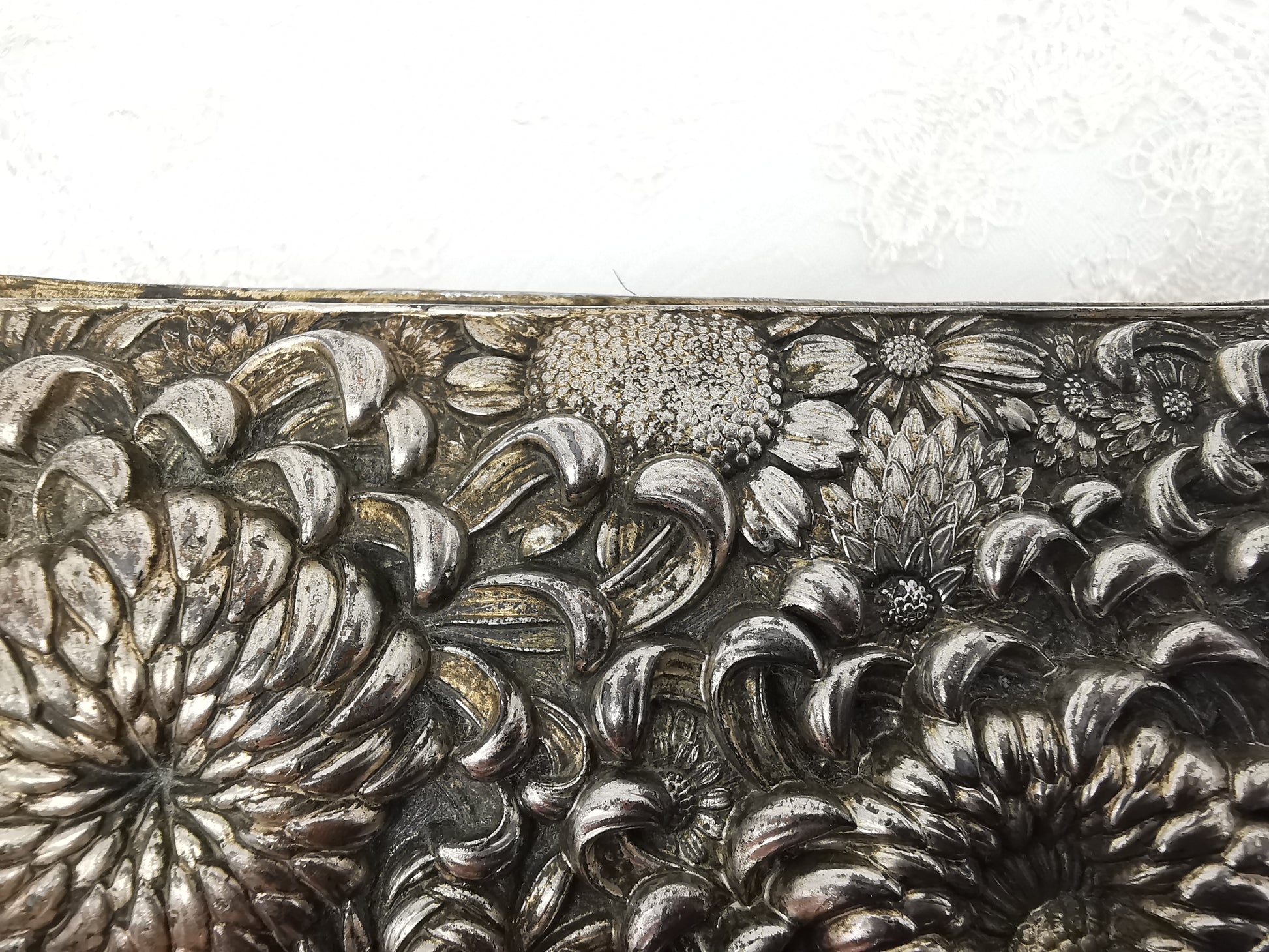 Antique Japanese Antimony Repousse Jewellery Box- Chrysanthemums and Birds-New Lining