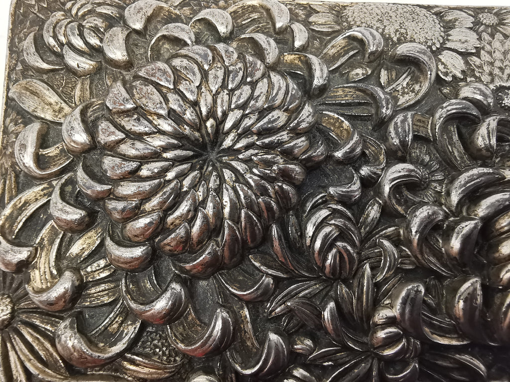 Antique Japanese Antimony Repousse Jewellery Box- Chrysanthemums and Birds-New Lining