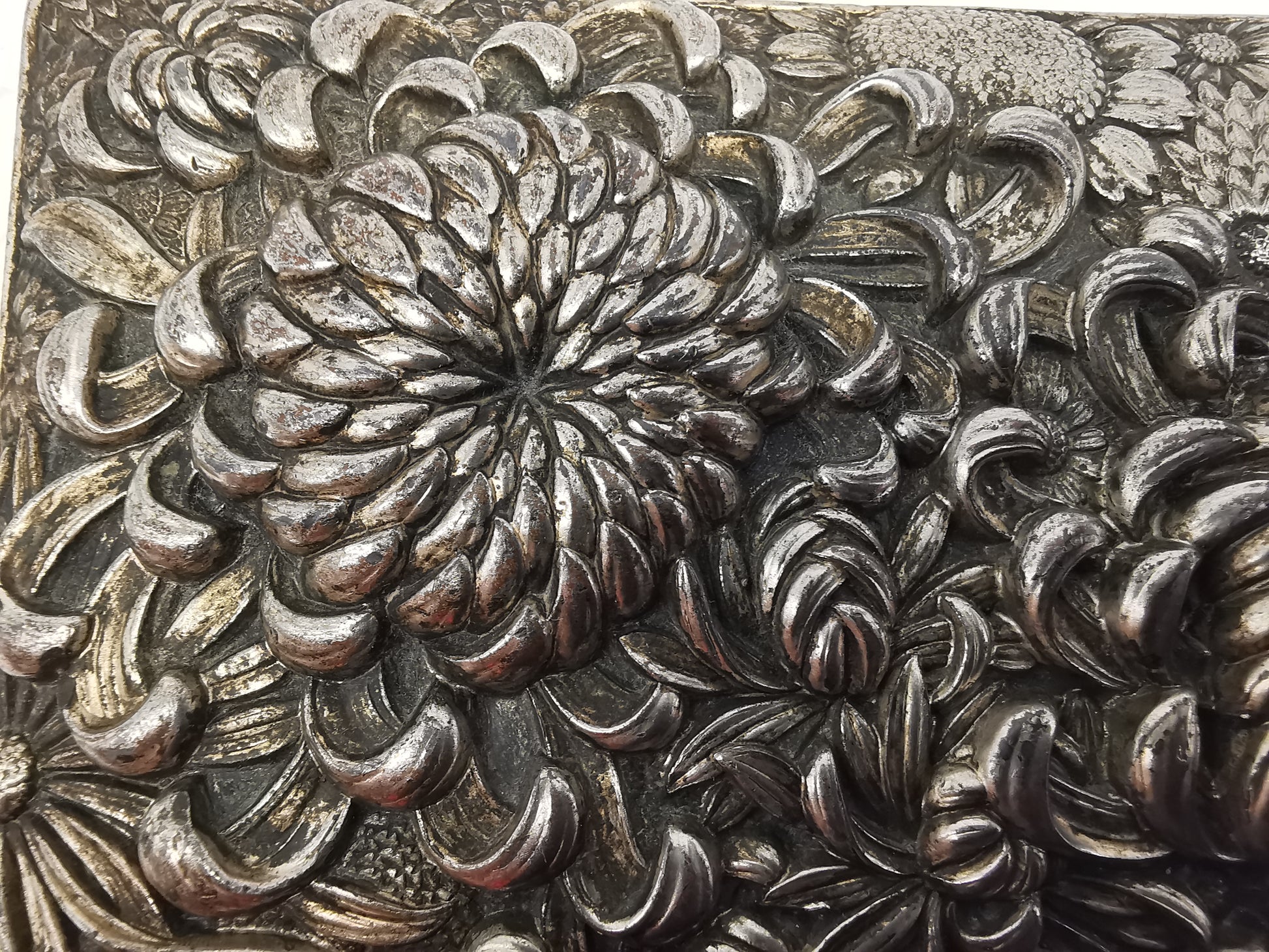 Antique Japanese Antimony Repousse Jewellery Box- Chrysanthemums and Birds-New Lining