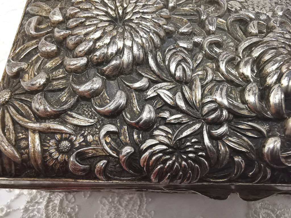 Antique Japanese Antimony Repousse Jewellery Box- Chrysanthemums and Birds-New Lining