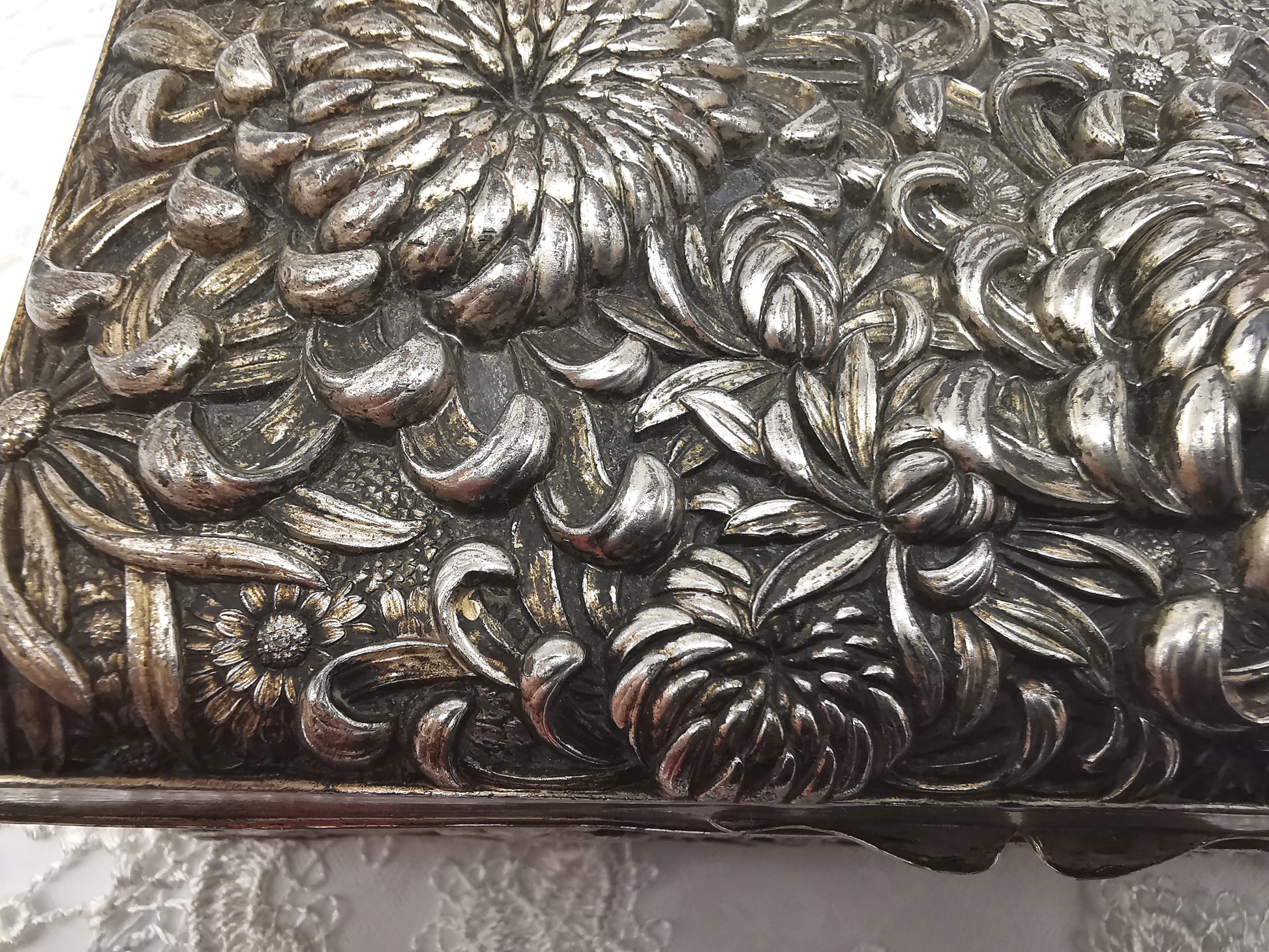 Antique Japanese Antimony Repousse Jewellery Box- Chrysanthemums and Birds-New Lining
