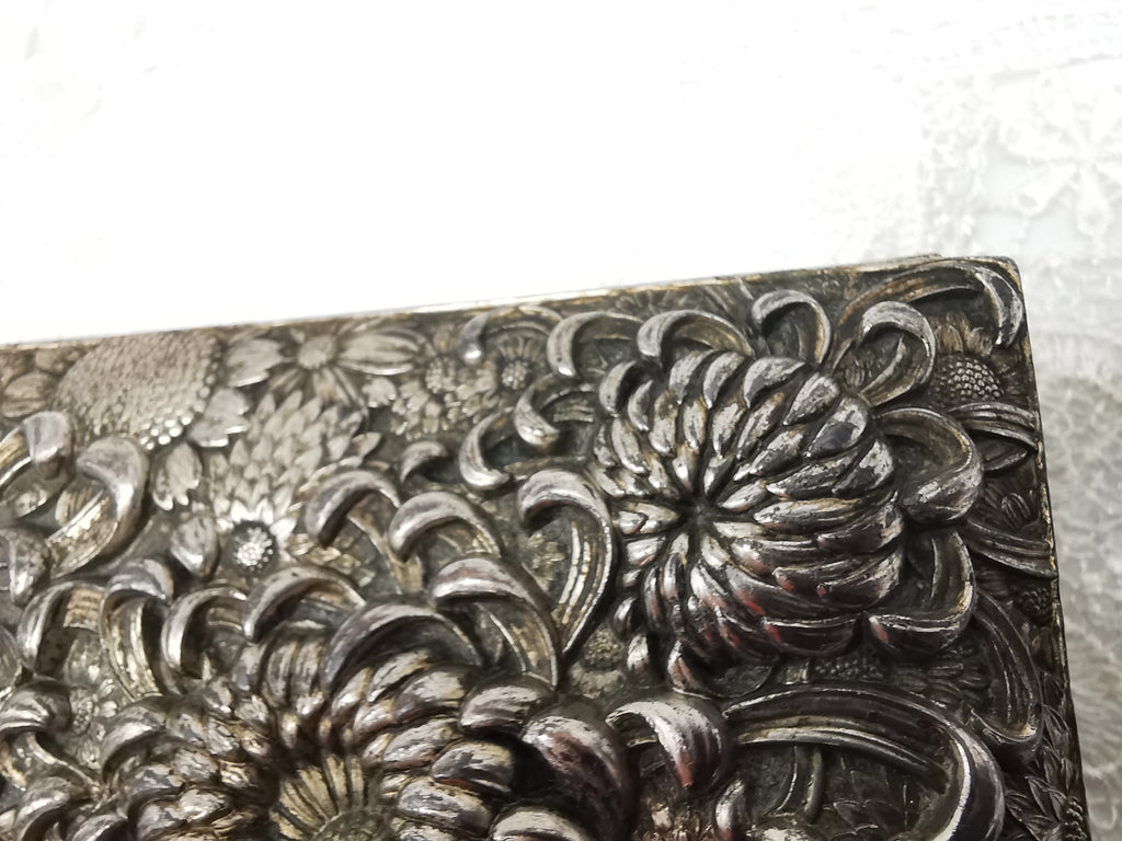 Antique Japanese Antimony Repousse Jewellery Box- Chrysanthemums and Birds-New Lining