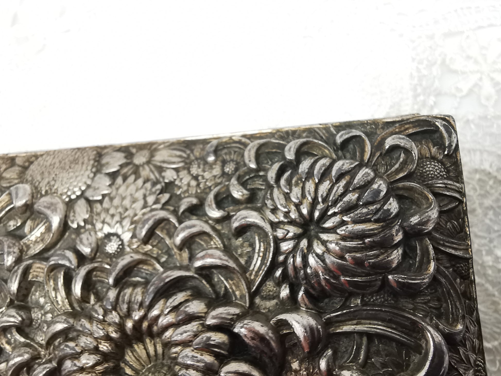Antique Japanese Antimony Repousse Jewellery Box- Chrysanthemums and Birds-New Lining