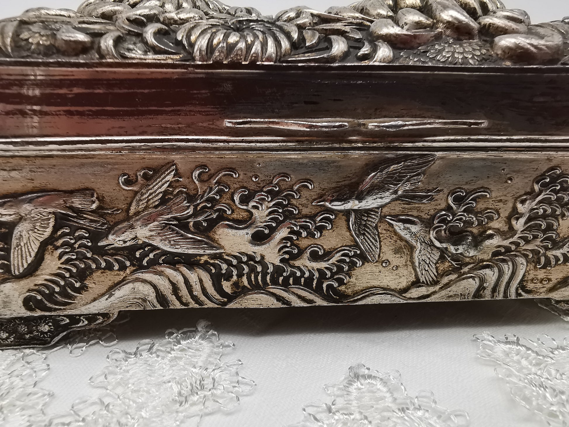 Antique Japanese Antimony Repousse Jewellery Box- Chrysanthemums and Birds-New Lining