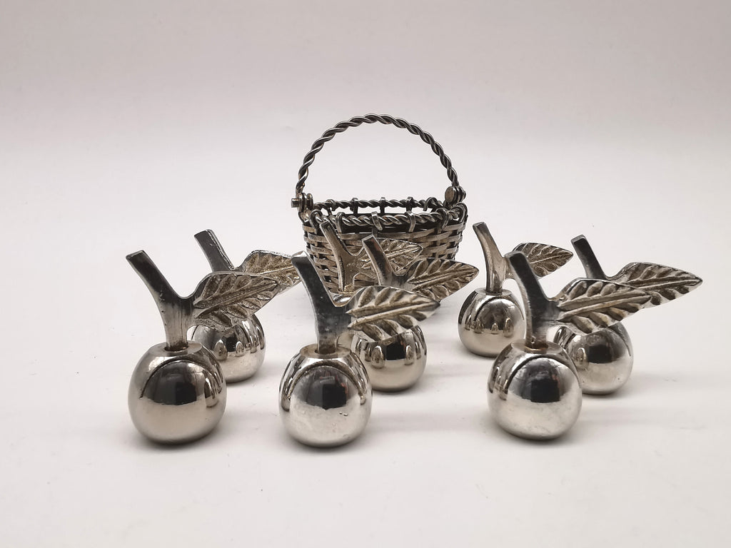 Set of 8 Vintage Silver Plated Apple Place Card Holders with Woven Basket
