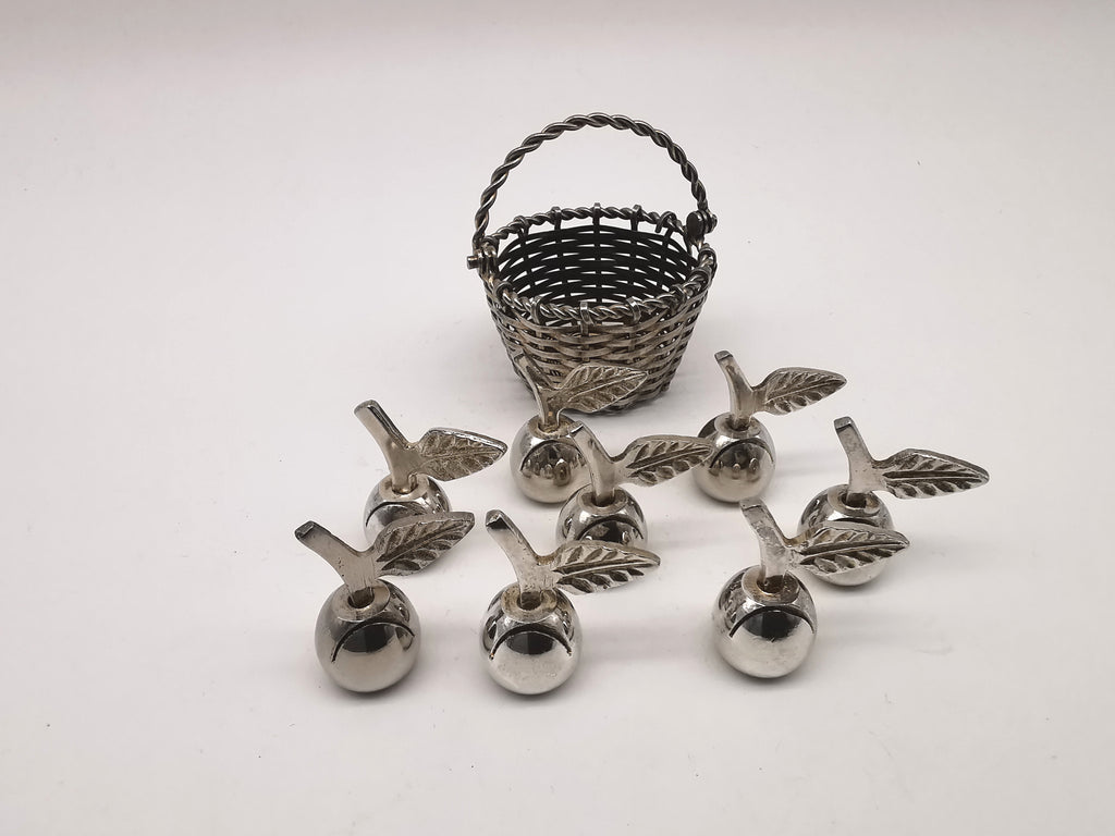 Set of 8 Vintage Silver Plated Apple Place Card Holders with Woven Basket