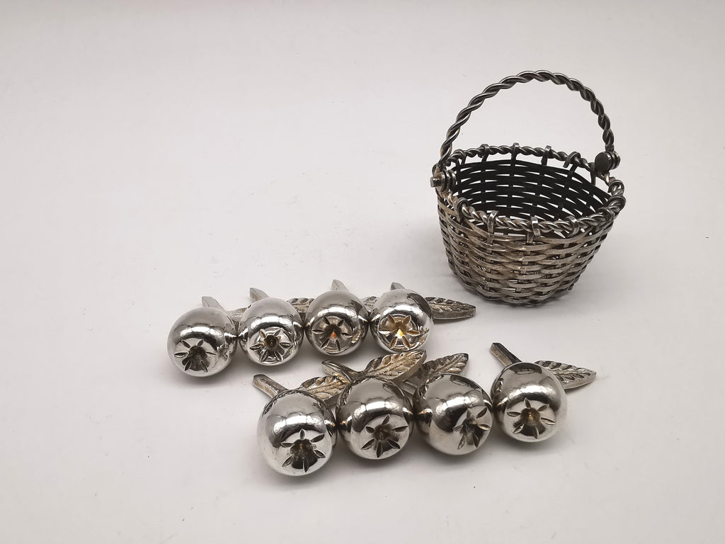 Set of 8 Vintage Silver Plated Apple Place Card Holders with Woven Basket
