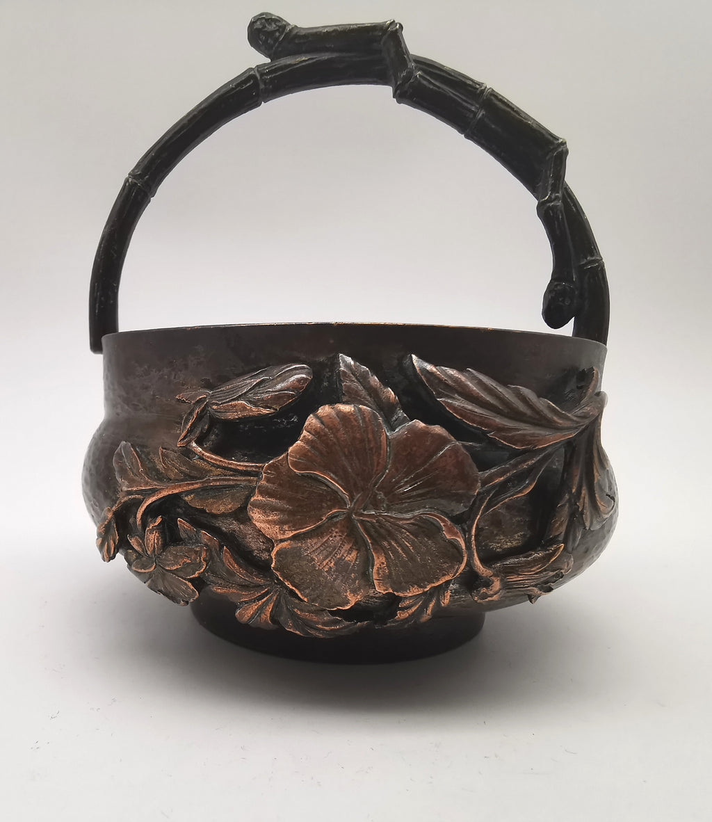 Antique Oriental Bronze Flower Basket Planter – High Relief Floral & Bamboo Handle (15cm height)