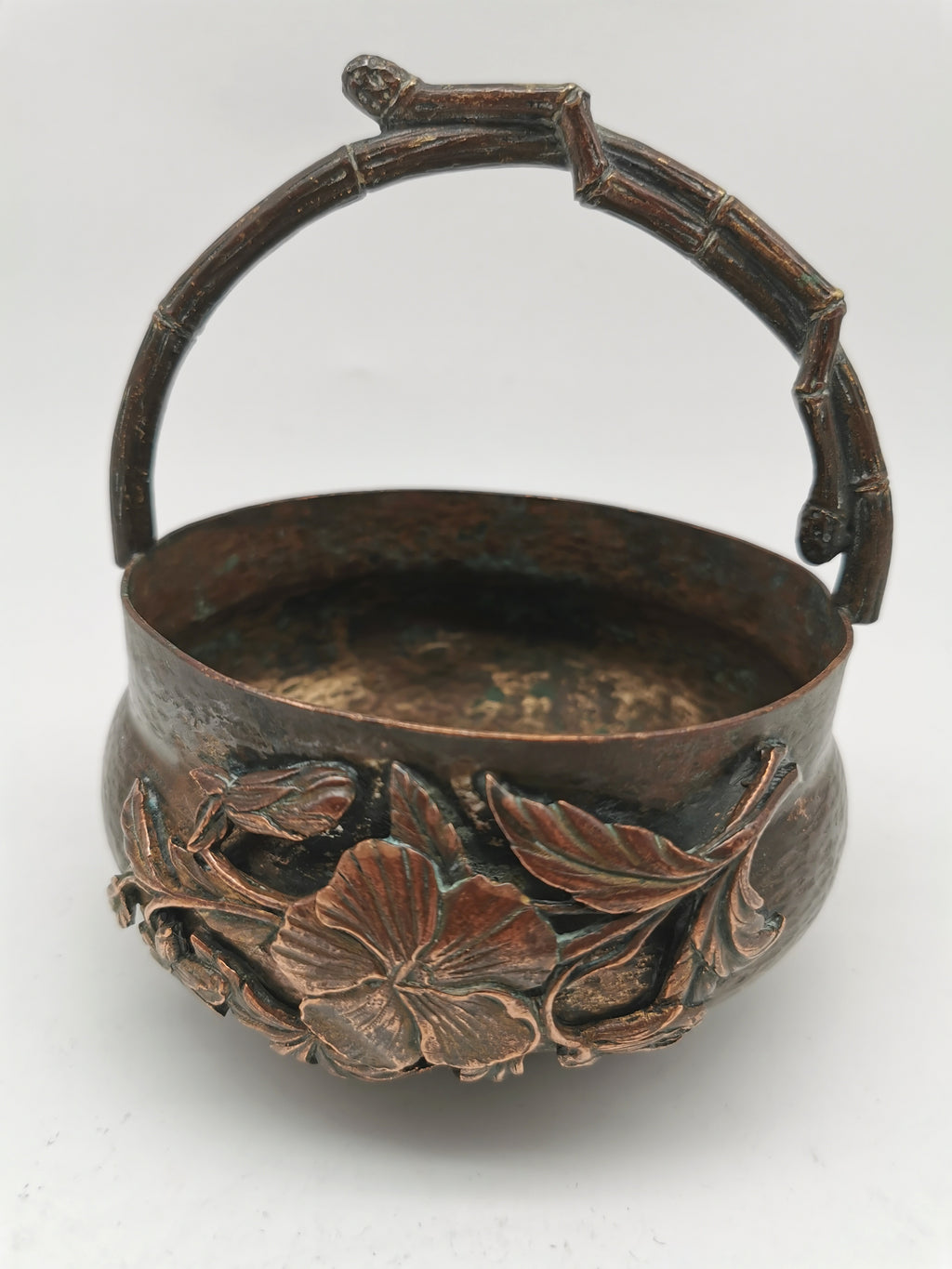 Antique Oriental Bronze Flower Basket Planter – High Relief Floral & Bamboo Handle (15cm height)