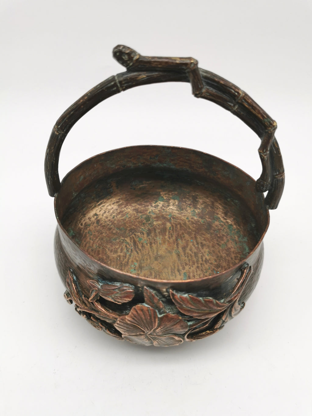 Antique Oriental Bronze Flower Basket Planter – High Relief Floral & Bamboo Handle (15cm height)