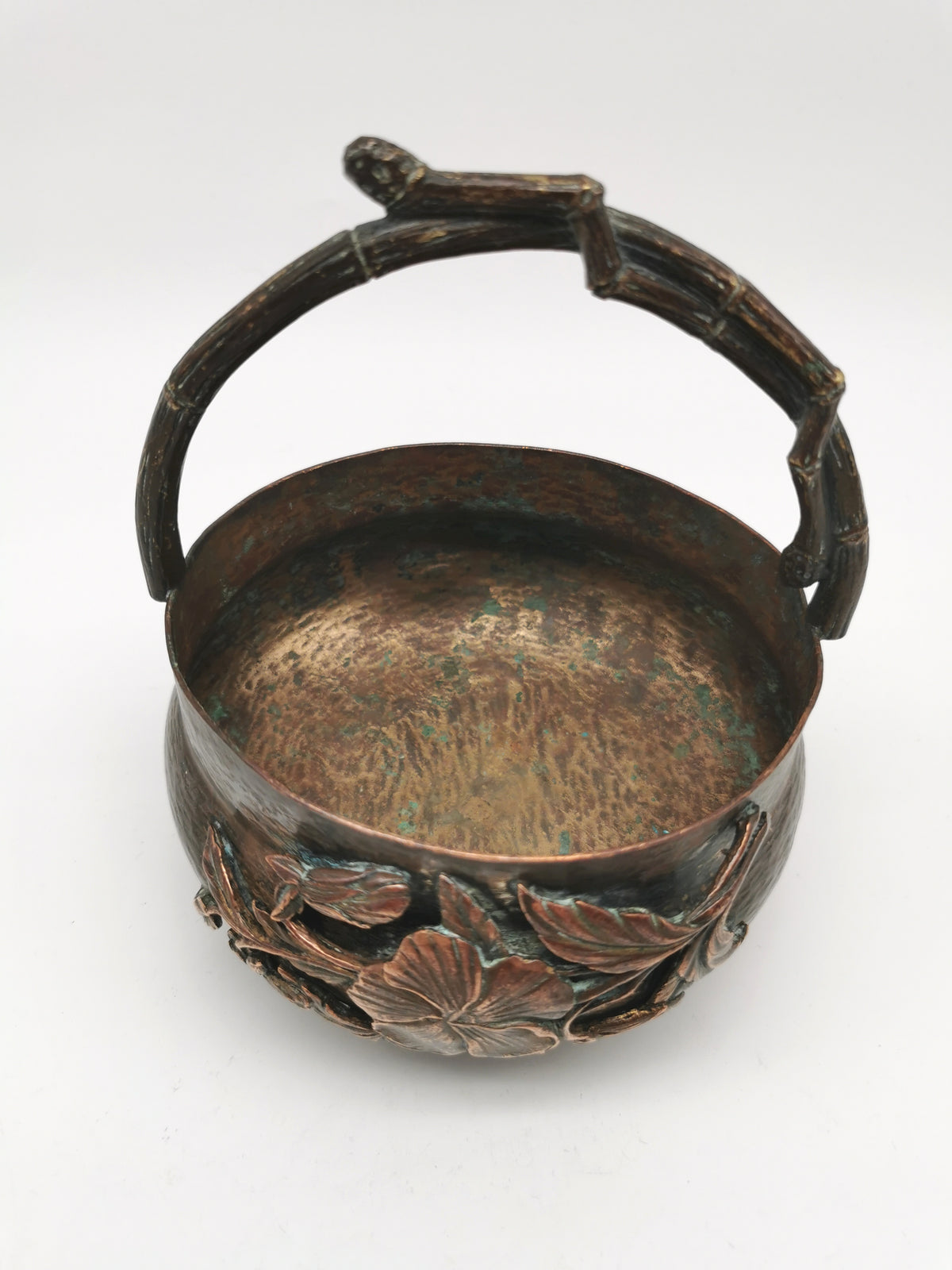 Antique Oriental Bronze Flower Basket Planter – High Relief Floral & Bamboo Handle (15cm height)