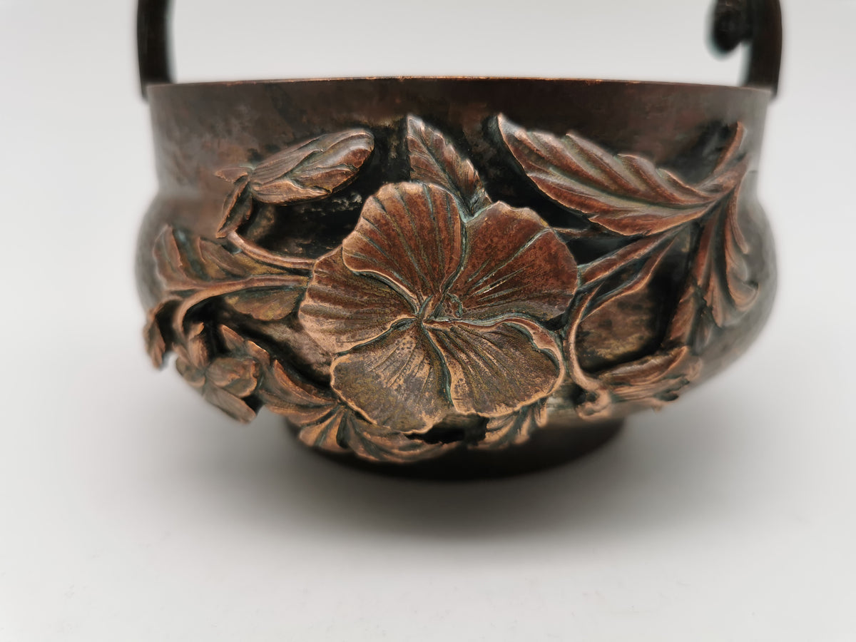Antique Oriental Bronze Flower Basket Planter – High Relief Floral & Bamboo Handle (15cm height)