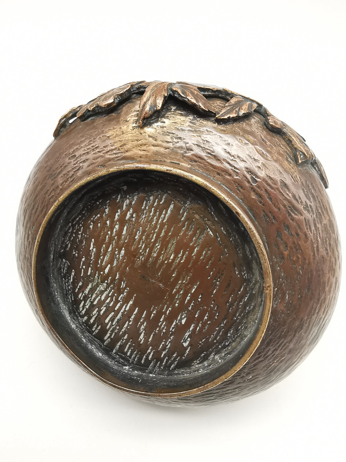 Antique Oriental Bronze Flower Basket Planter – High Relief Floral & Bamboo Handle (15cm height)