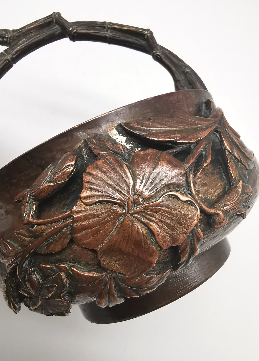 Antique Oriental Bronze Flower Basket Planter – High Relief Floral & Bamboo Handle (15cm height)