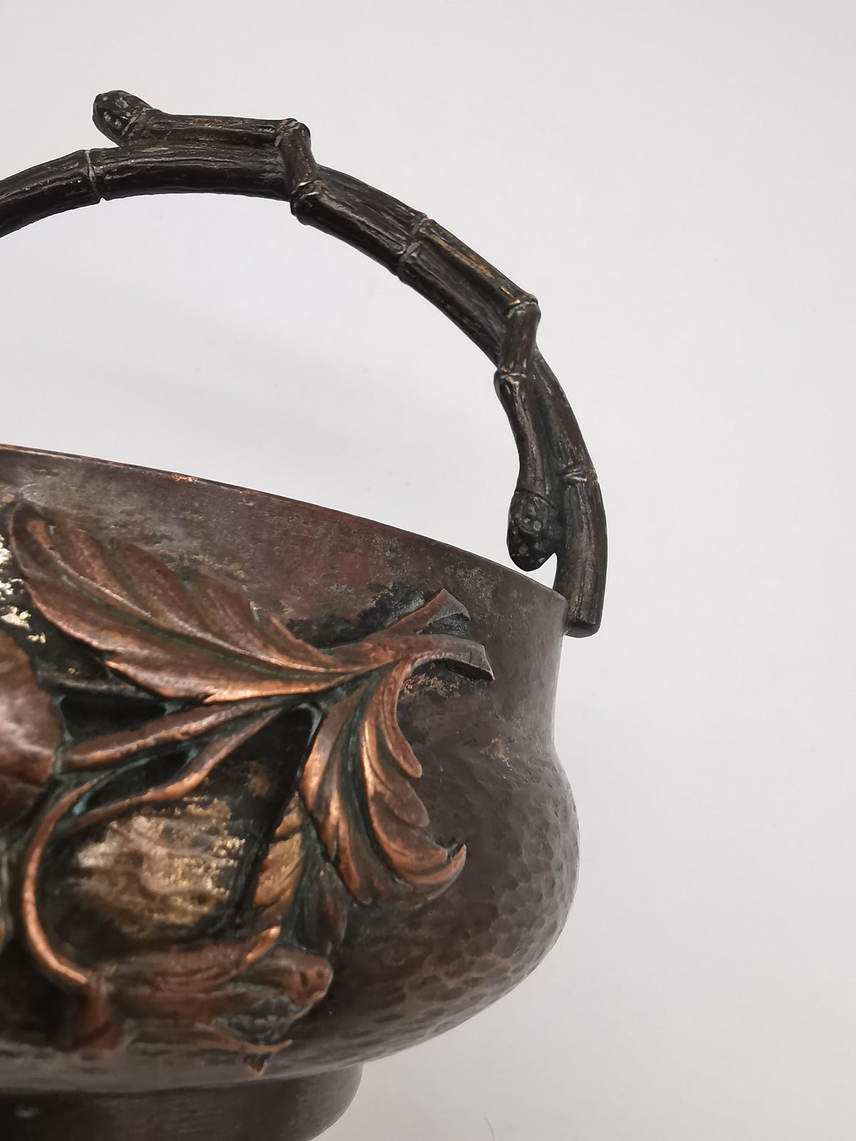 Antique Oriental Bronze Flower Basket Planter – High Relief Floral & Bamboo Handle (15cm height)