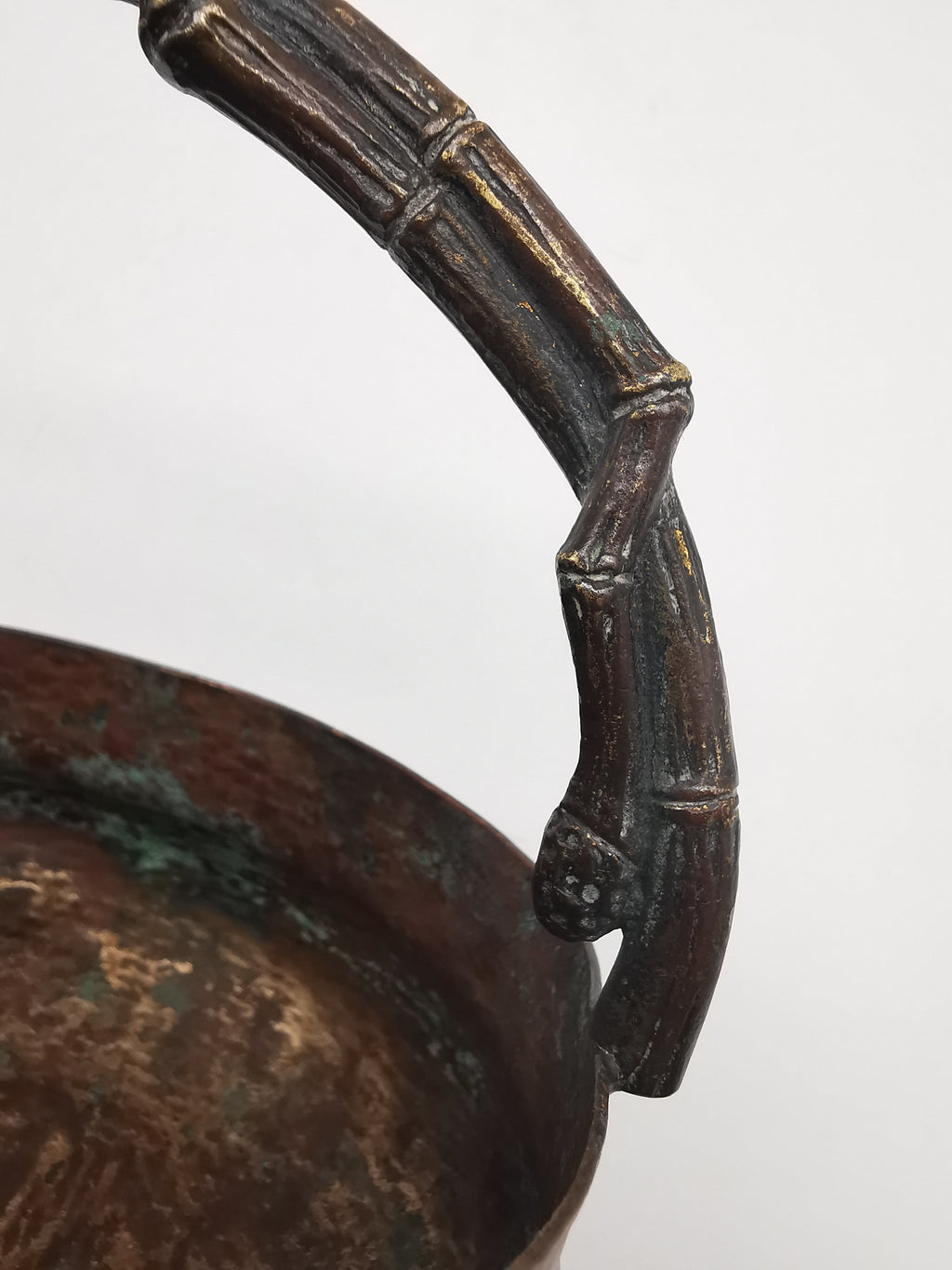 Antique Oriental Bronze Flower Basket Planter – High Relief Floral & Bamboo Handle (15cm height)