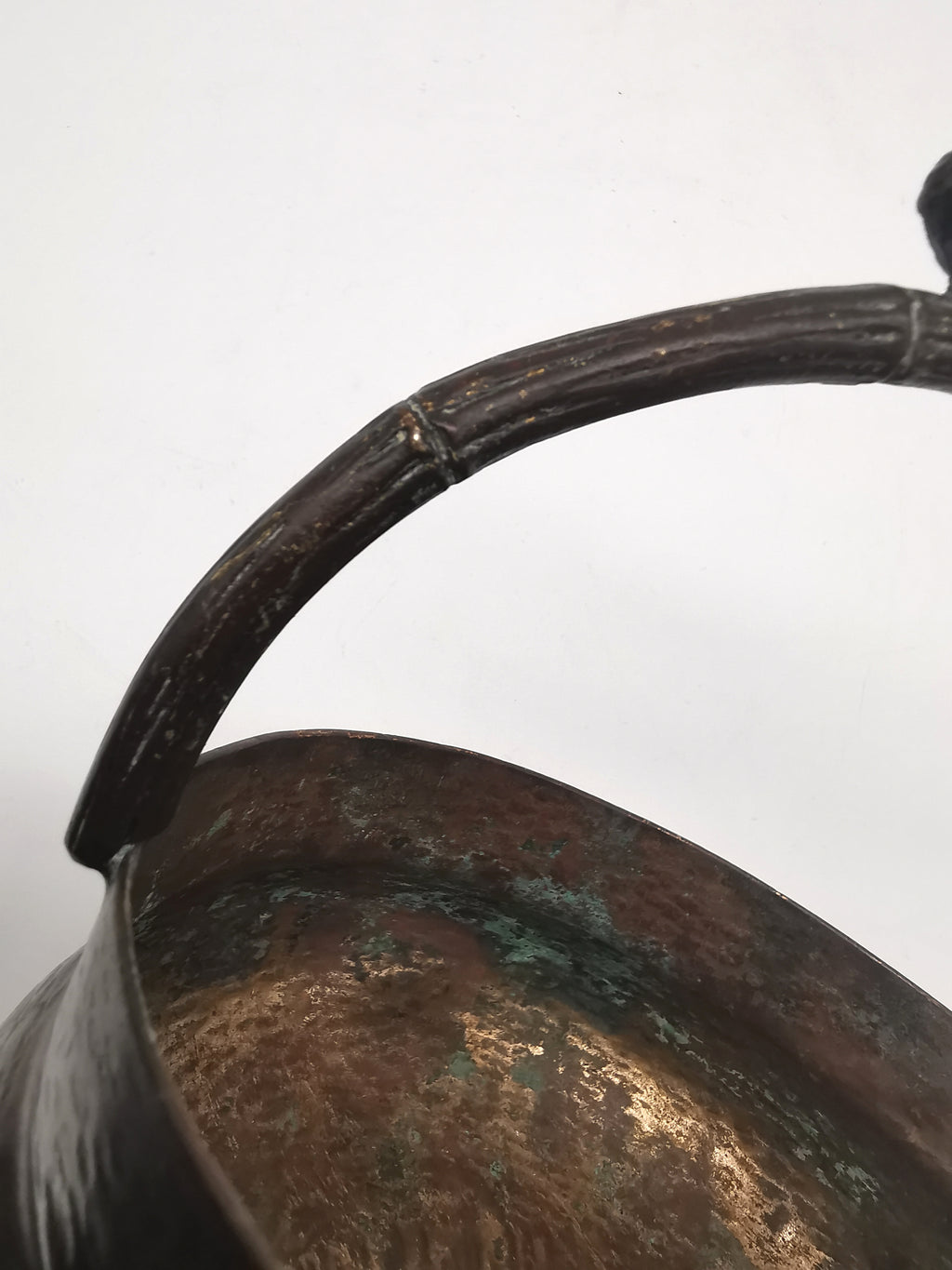Antique Oriental Bronze Flower Basket Planter – High Relief Floral & Bamboo Handle (15cm height)