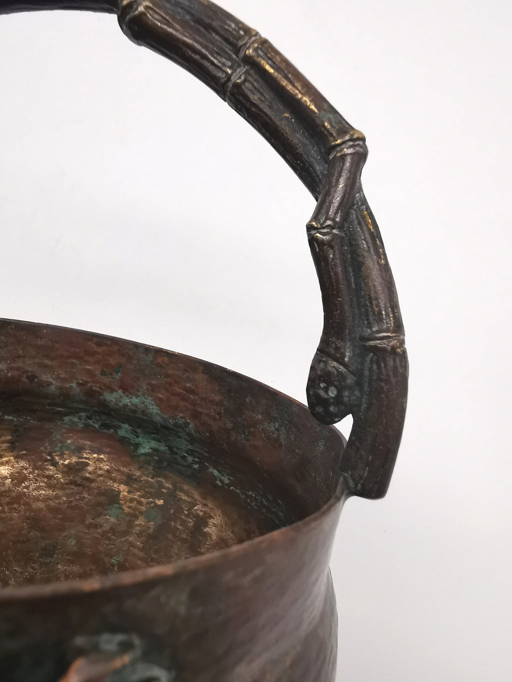 Antique Oriental Bronze Flower Basket Planter – High Relief Floral & Bamboo Handle (15cm height)