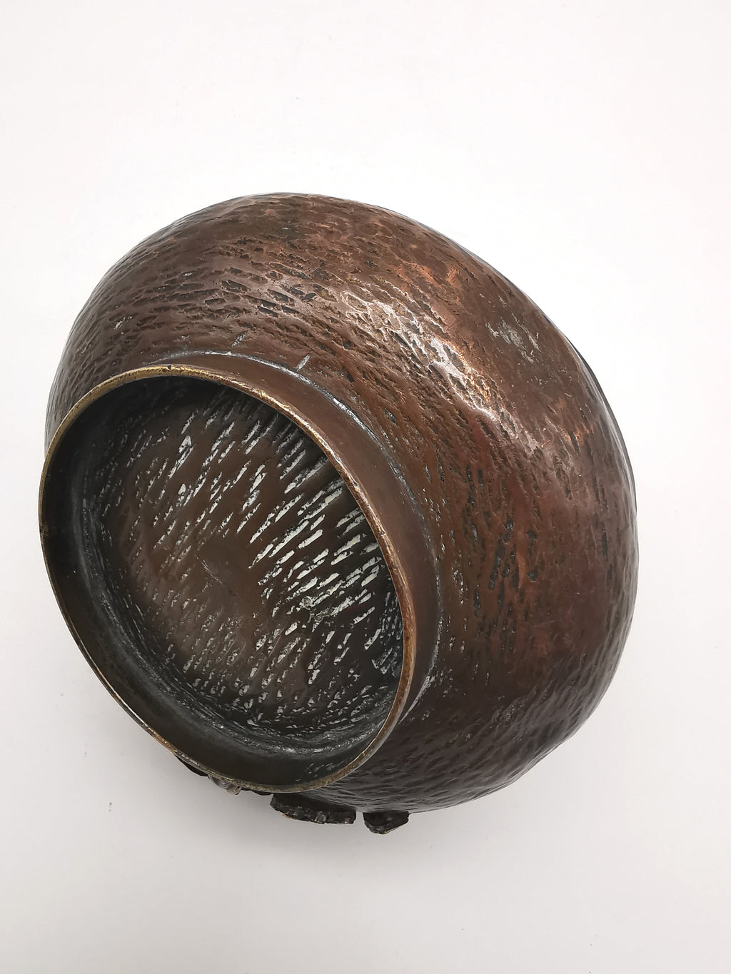 Antique Oriental Bronze Flower Basket Planter – High Relief Floral & Bamboo Handle (15cm height)