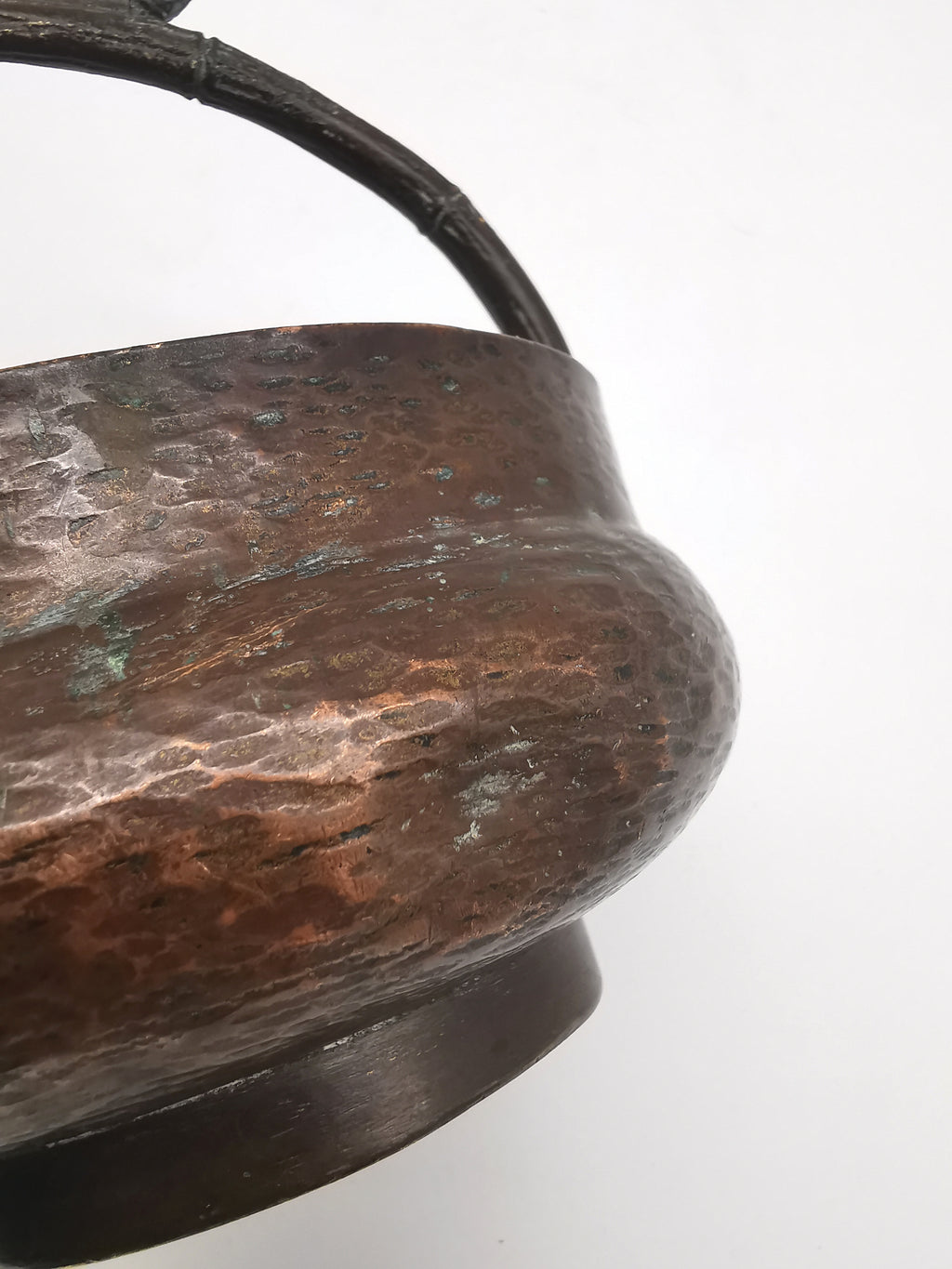 Antique Oriental Bronze Flower Basket Planter – High Relief Floral & Bamboo Handle (15cm height)