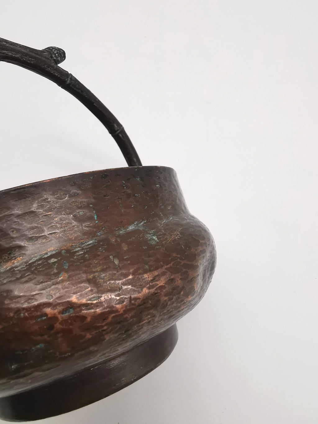 Antique Oriental Bronze Flower Basket Planter – High Relief Floral & Bamboo Handle (15cm height)