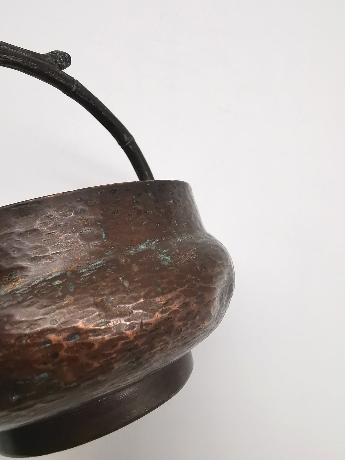 Antique Oriental Bronze Flower Basket Planter – High Relief Floral & Bamboo Handle (15cm height)