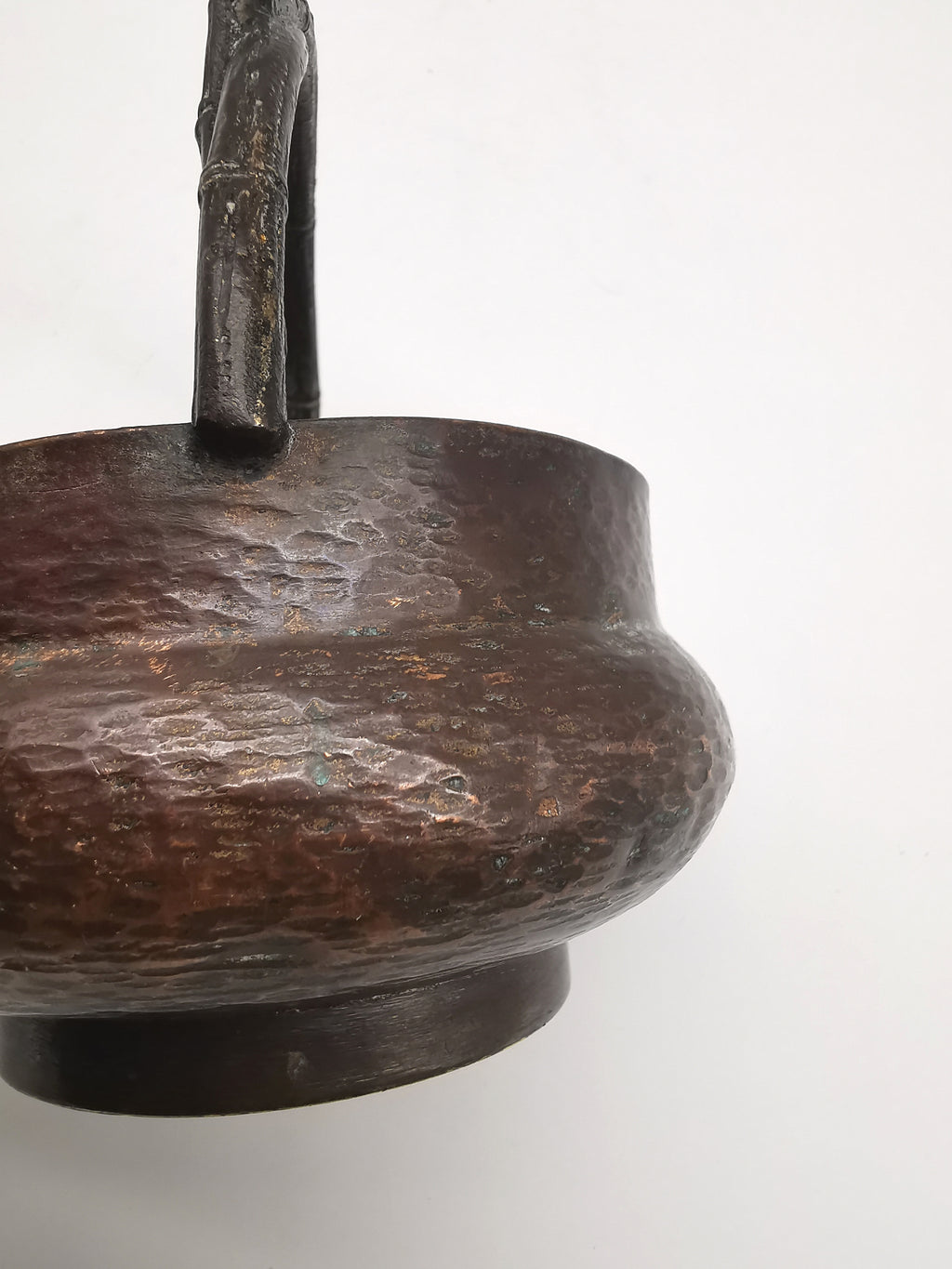 Antique Oriental Bronze Flower Basket Planter – High Relief Floral & Bamboo Handle (15cm height)