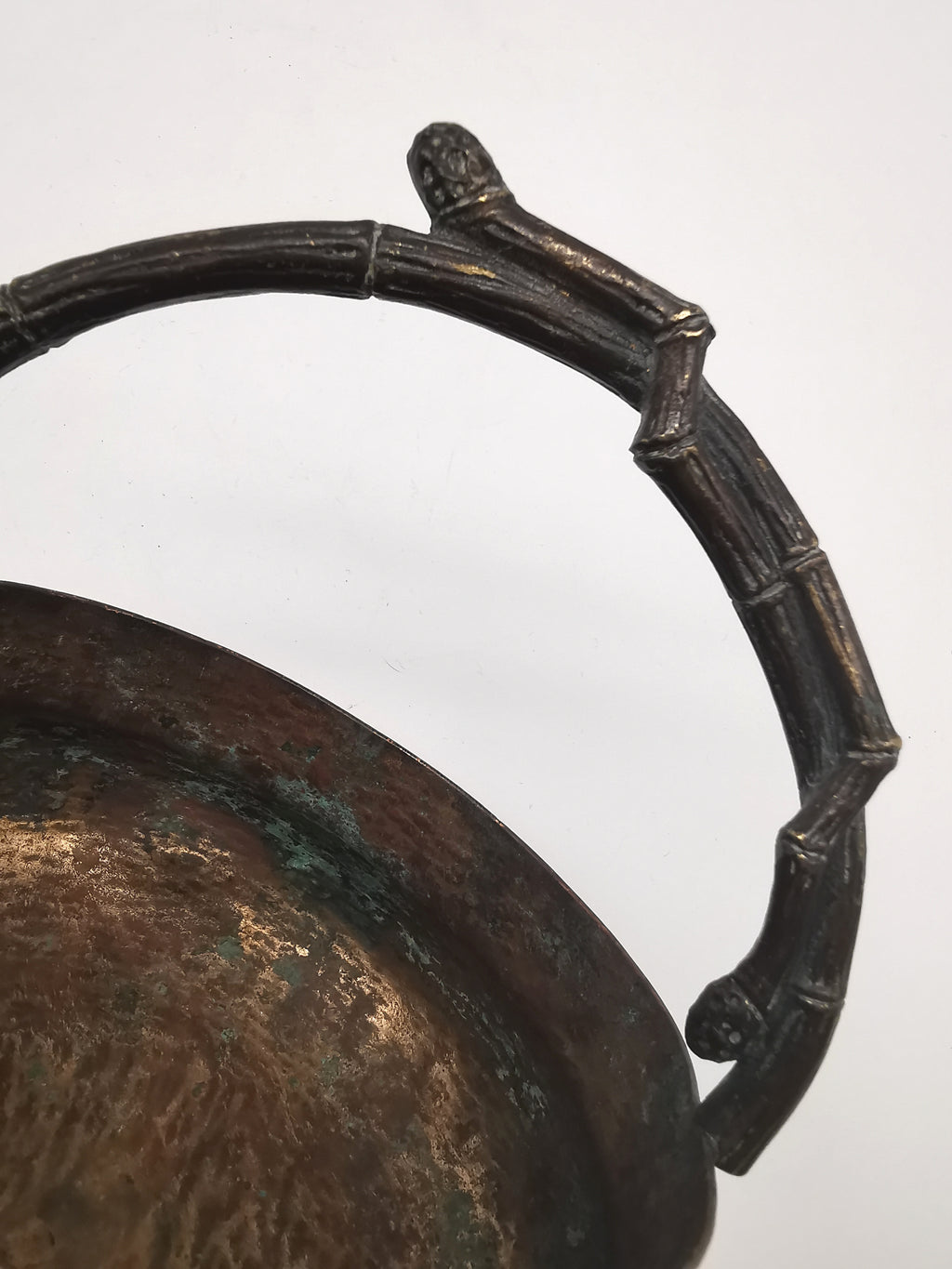 Antique Oriental Bronze Flower Basket Planter – High Relief Floral & Bamboo Handle (15cm height)