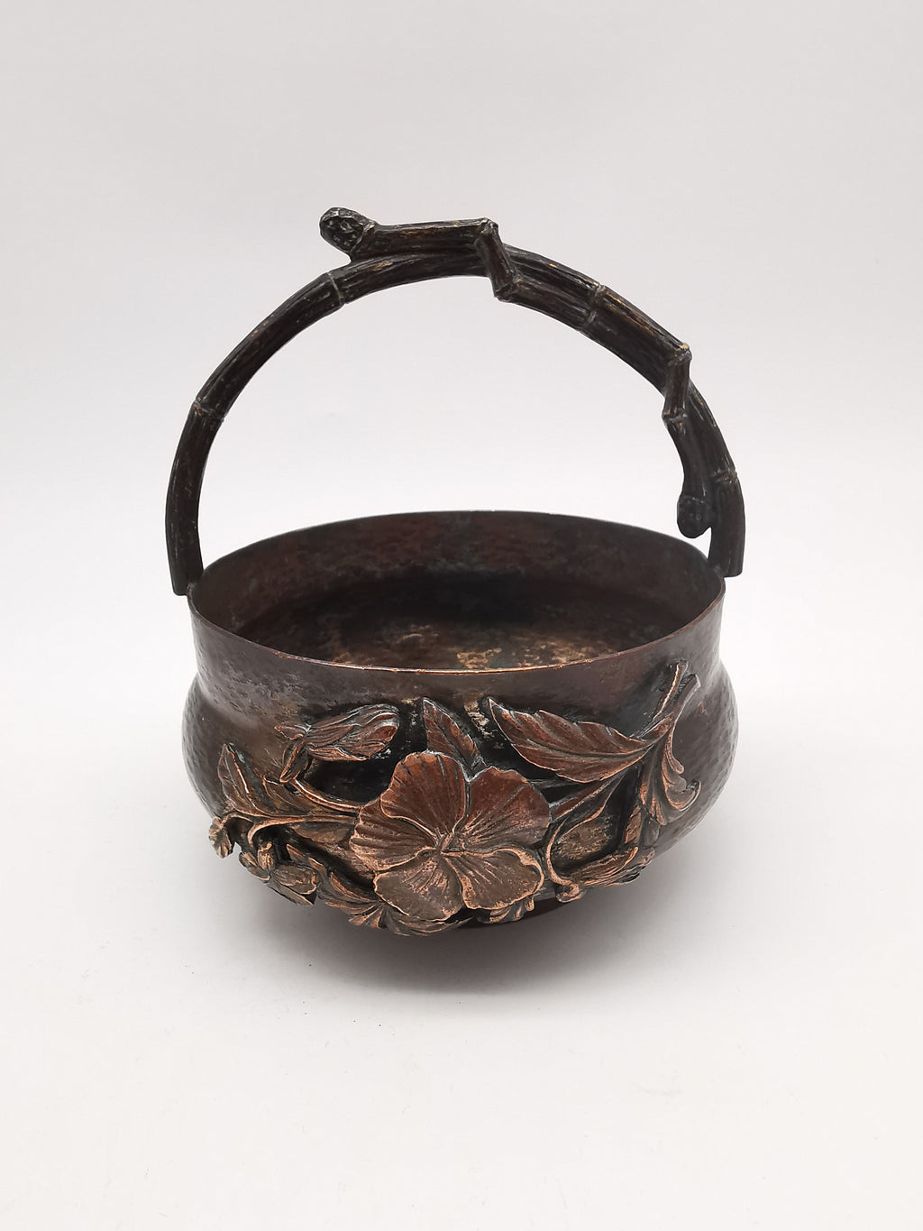 Antique Oriental Bronze Flower Basket Planter – High Relief Floral & Bamboo Handle (15cm height)