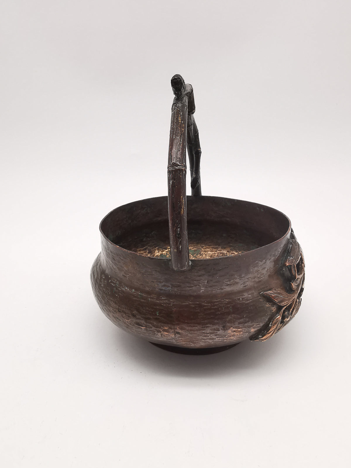 Antique Oriental Bronze Flower Basket Planter – High Relief Floral & Bamboo Handle (15cm height)