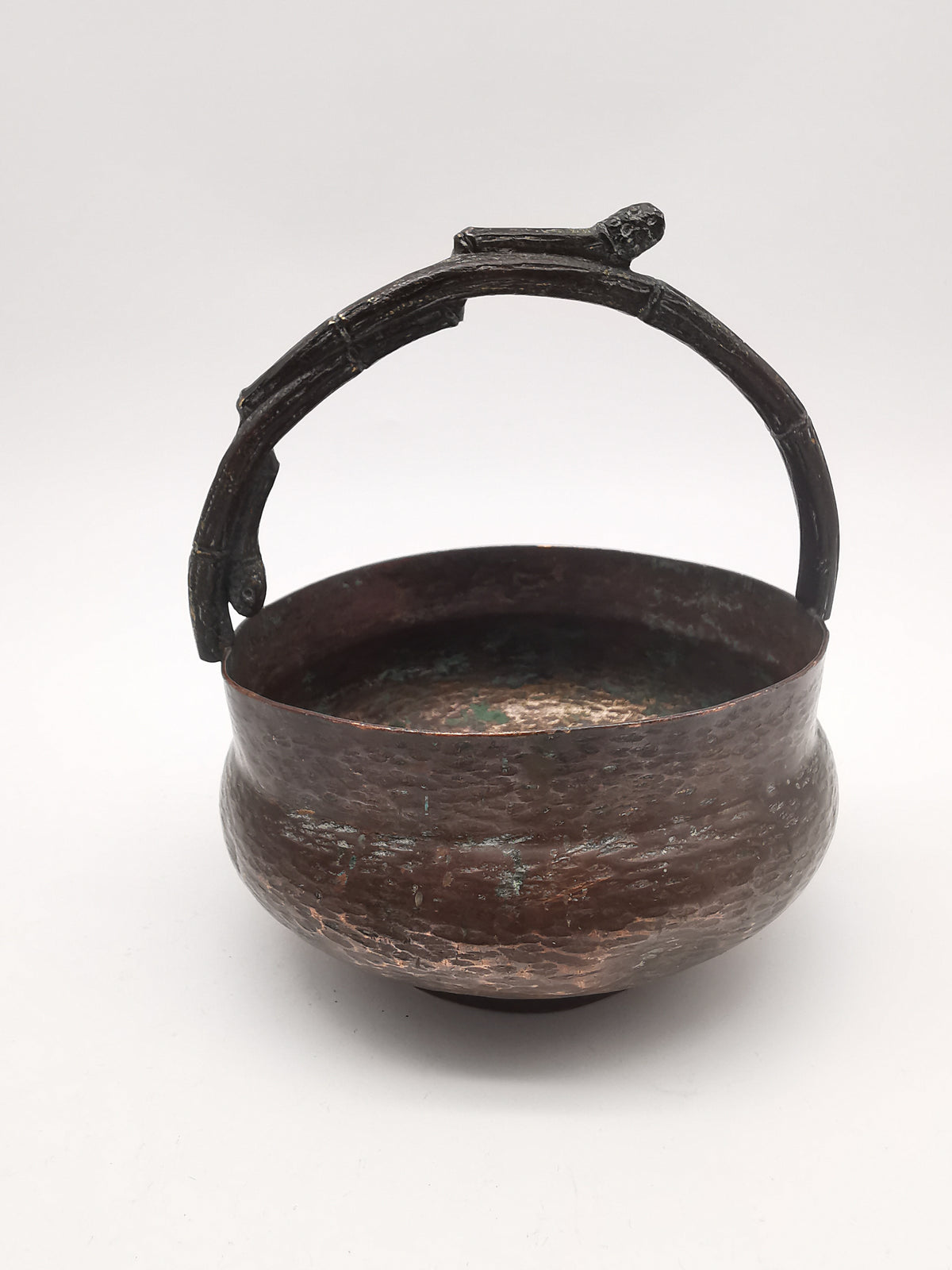 Antique Oriental Bronze Flower Basket Planter – High Relief Floral & Bamboo Handle (15cm height)