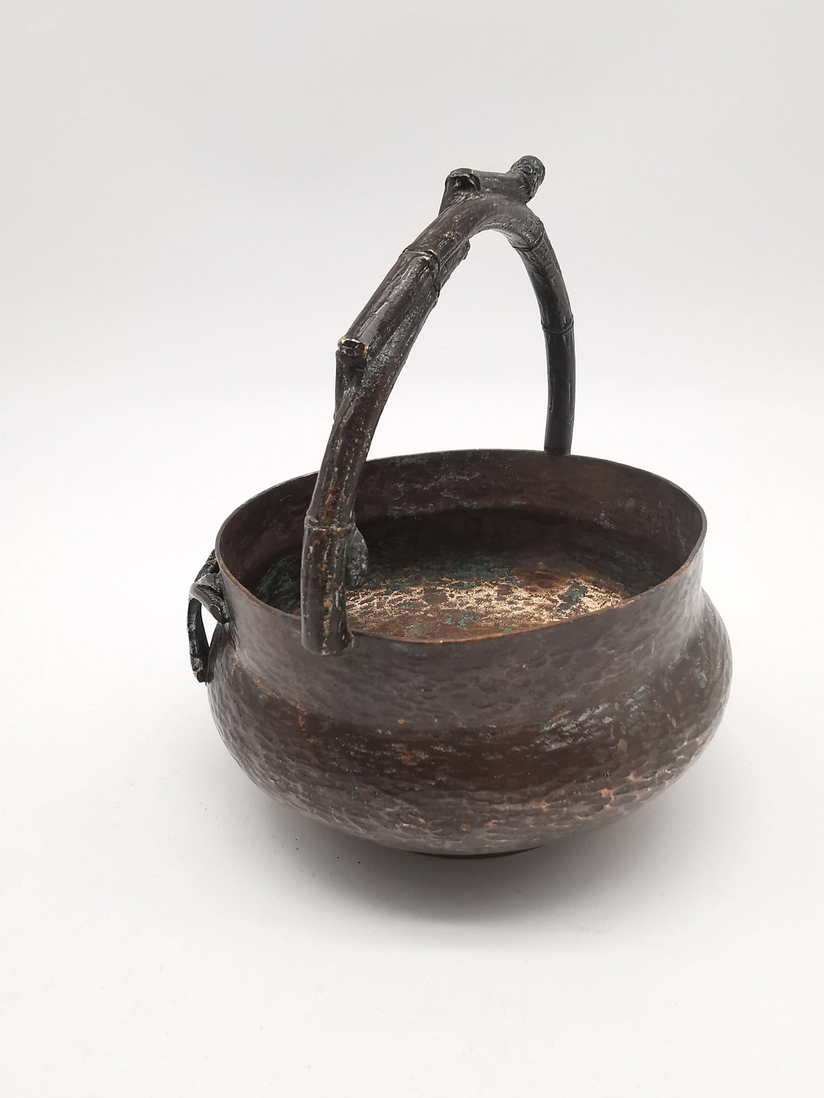 Antique Oriental Bronze Flower Basket Planter – High Relief Floral & Bamboo Handle (15cm height)