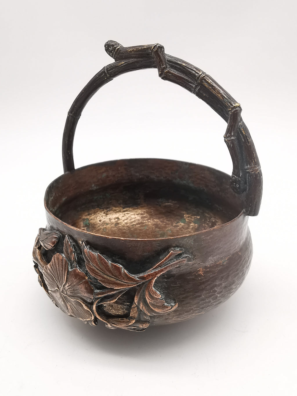 Antique Oriental Bronze Flower Basket Planter – High Relief Floral & Bamboo Handle (15cm height)
