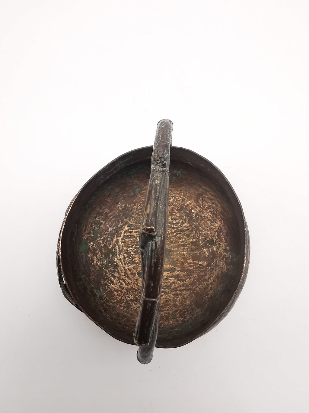 Antique Oriental Bronze Flower Basket Planter – High Relief Floral & Bamboo Handle (15cm height)