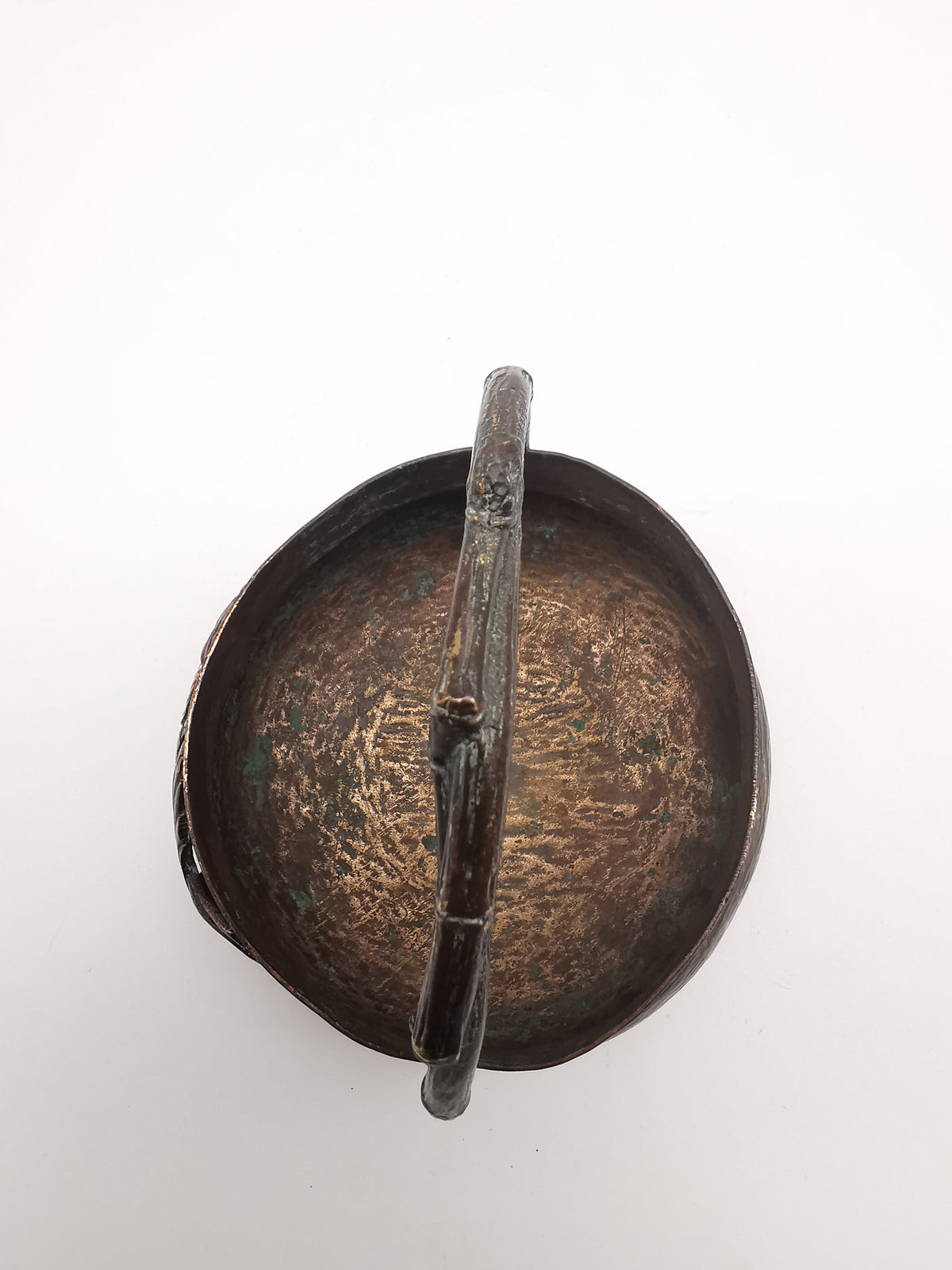 Antique Oriental Bronze Flower Basket Planter – High Relief Floral & Bamboo Handle (15cm height)