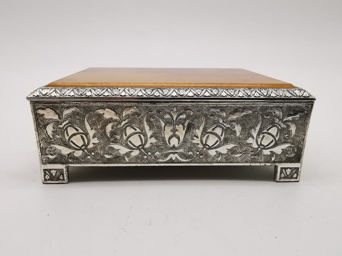 Vintage Highlands Silver Plated Trinket Cigarette Box Faux Amber Butterscotch Lucite Lid