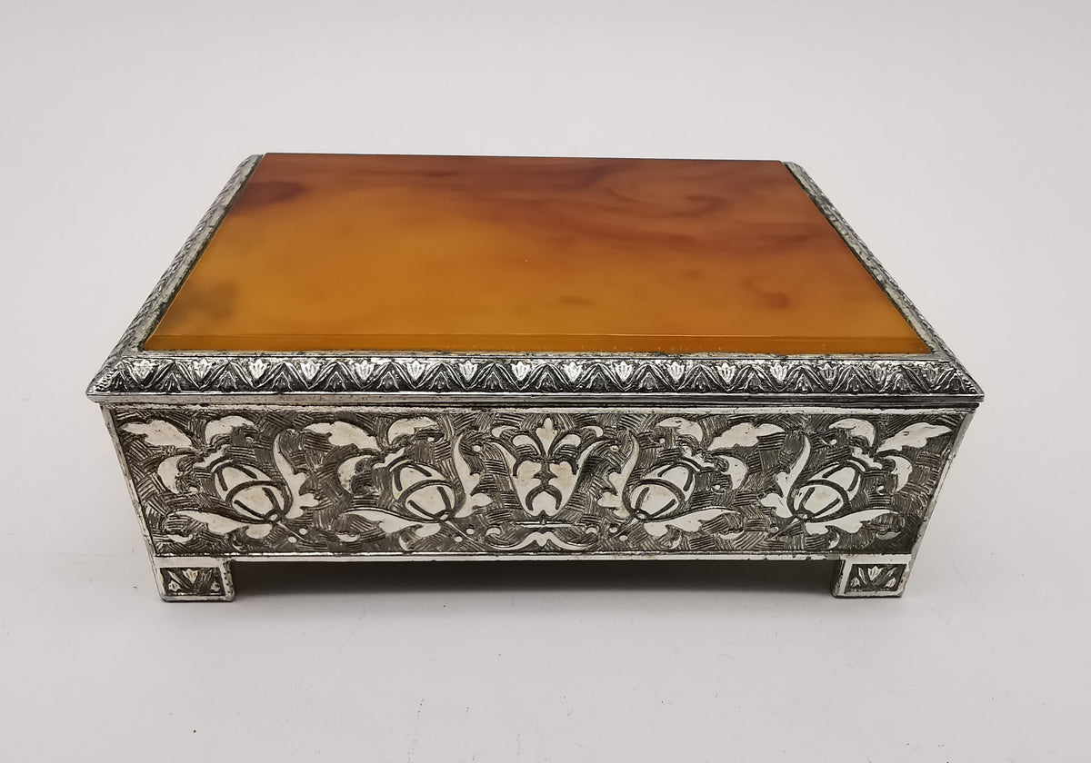 Vintage Highlands Silver Plated Trinket Cigarette Box Faux Amber Butterscotch Lucite Lid