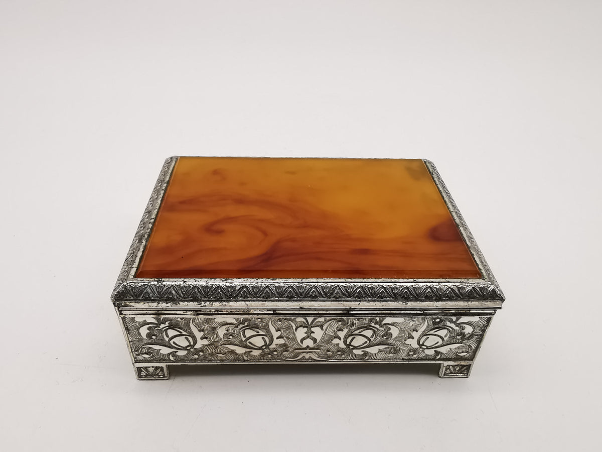 Vintage Highlands Silver Plated Trinket Cigarette Box Faux Amber Butterscotch Lucite Lid