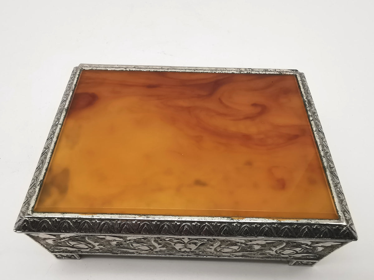 Vintage Highlands Silver Plated Trinket Cigarette Box Faux Amber Butterscotch Lucite Lid
