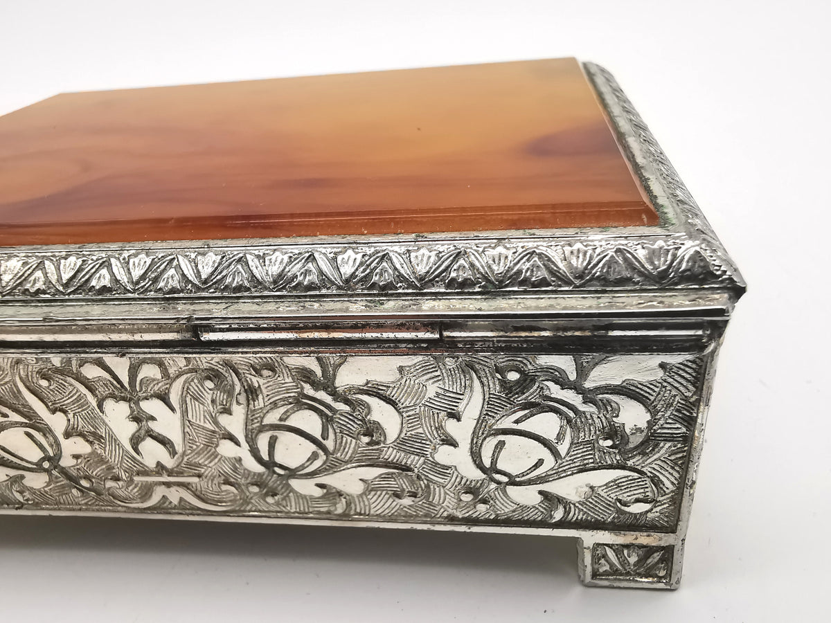 Vintage Highlands Silver Plated Trinket Cigarette Box Faux Amber Butterscotch Lucite Lid
