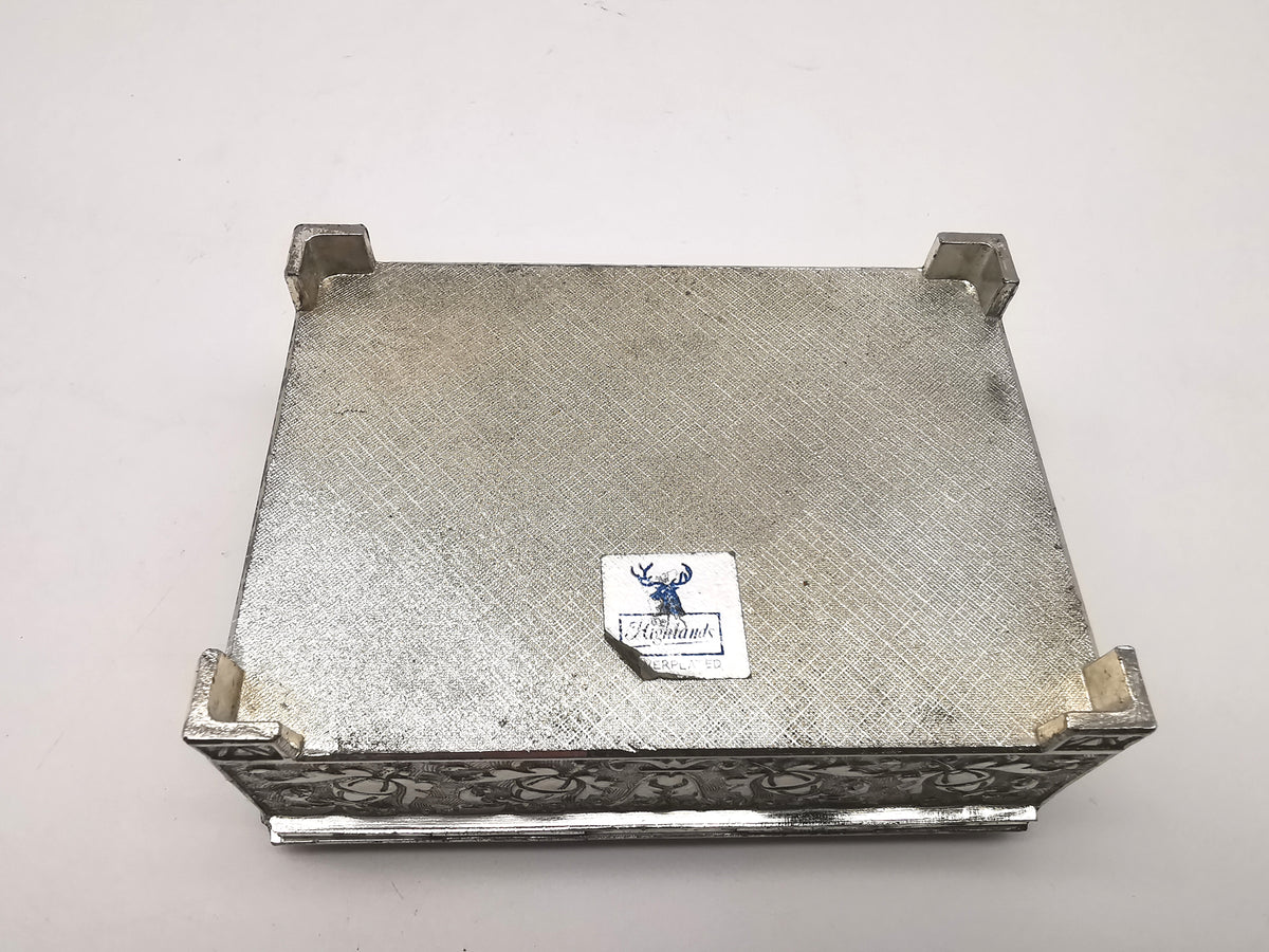Vintage Highlands Silver Plated Trinket Cigarette Box Faux Amber Butterscotch Lucite Lid