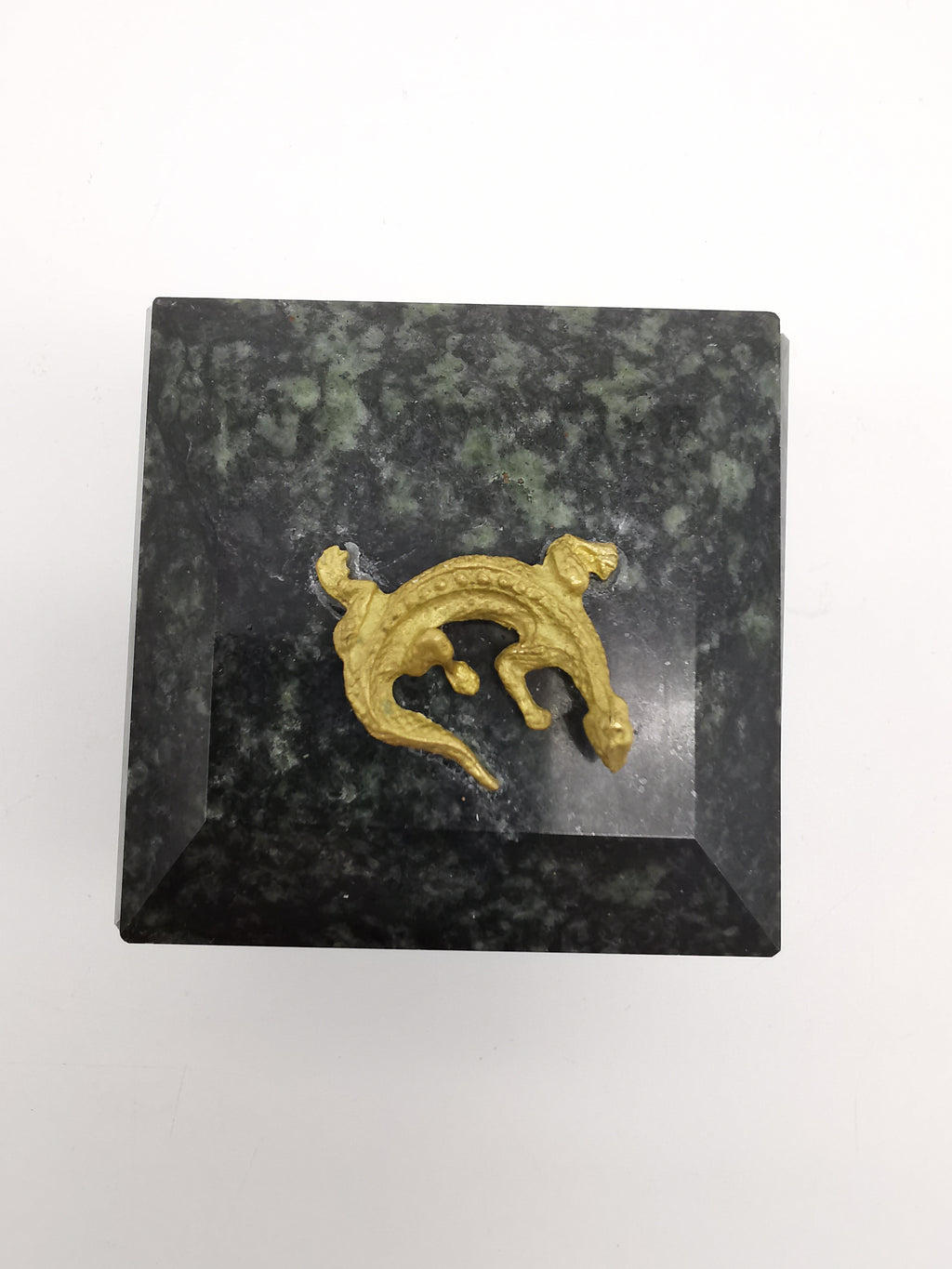 Vintage Green Serpentine Stone Trinket Box with Lizard Finial