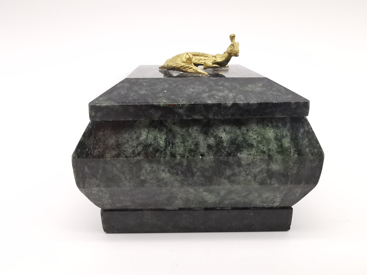 Vintage Green Serpentine Stone Trinket Box with Lizard Finial