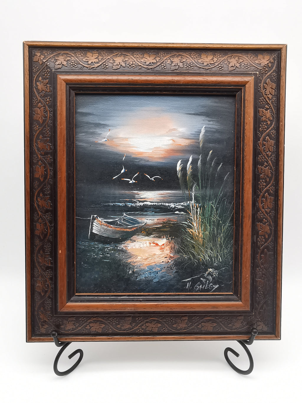 Vintage H. Gailey Signed Coastal Oil Painting – Framed Beach Sunset Seascape 36.5cm x 31.5cm