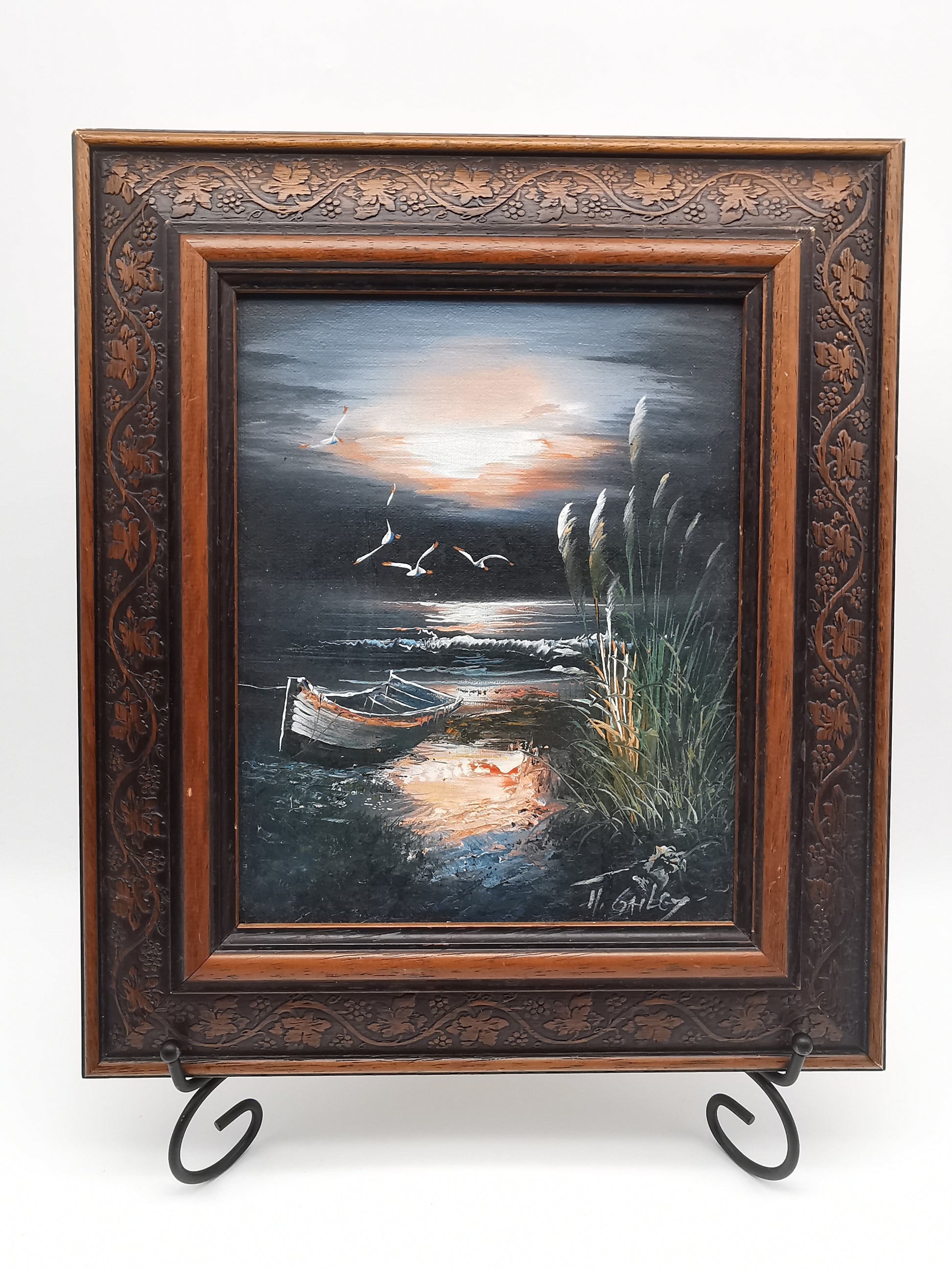 Vintage H. Gailey Signed Coastal Oil Painting – Framed Beach Sunset Seascape 36.5cm x 31.5cm